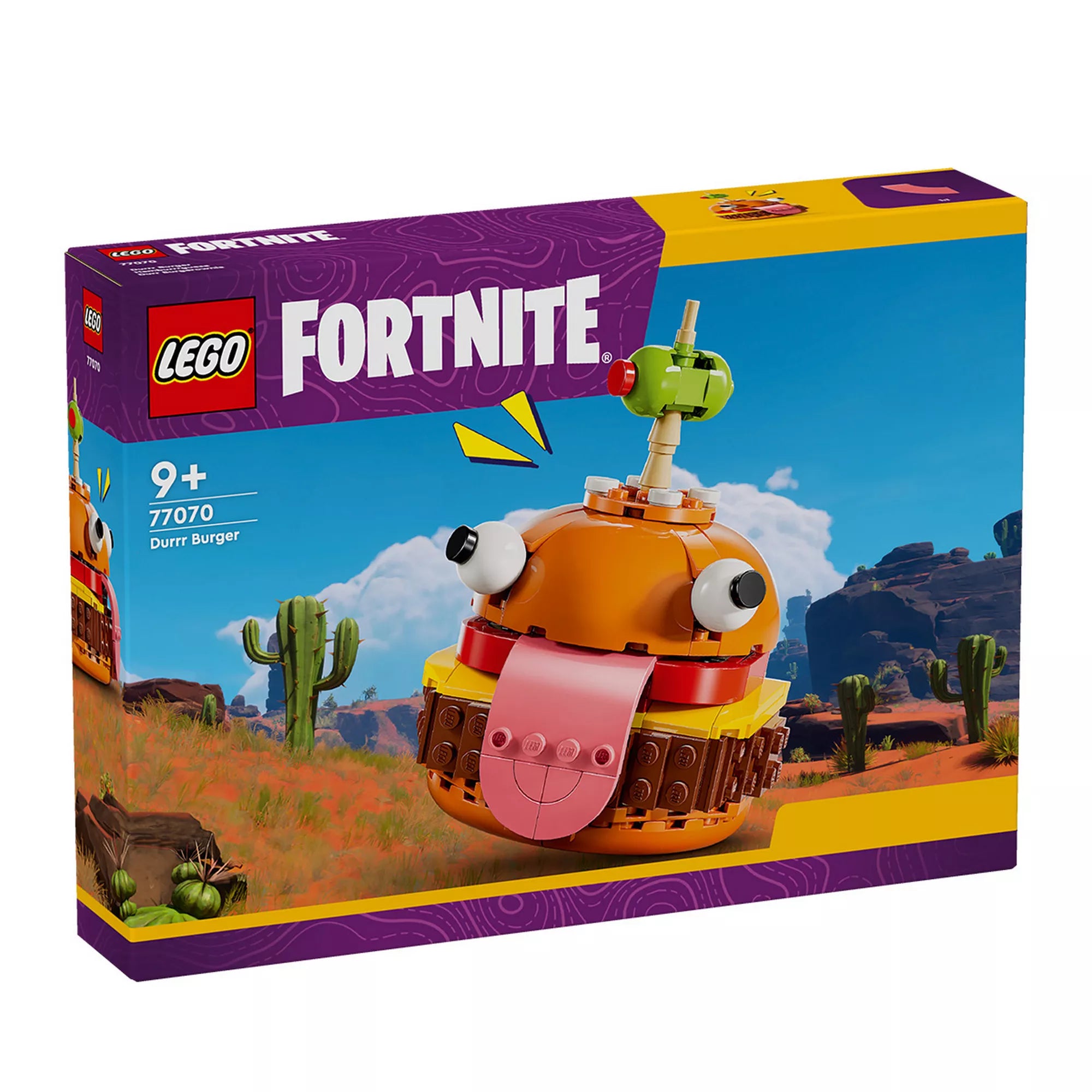 A LEGO Fortnite: Durrr Burger (77070) doboza, amelyen a híres, vicces arcú hamburgerfigura látható olívával a tetején. A háttérben sivatagos Fortnite-táj látható, a dobozon a 9+ korosztály és a 193 darabos jelölés is szerepel.