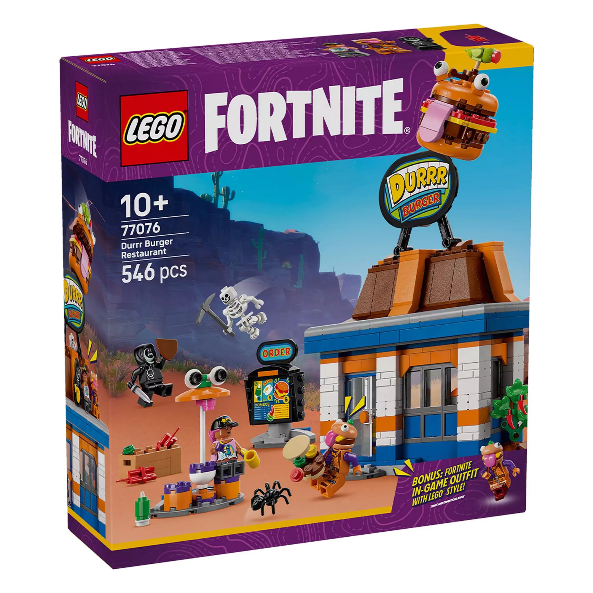 LEGO Fortnite: Durrr Burger étterem (77076) – a doboz eleje, látható a burger tetődísz, minifigurák és az étterem épülete.