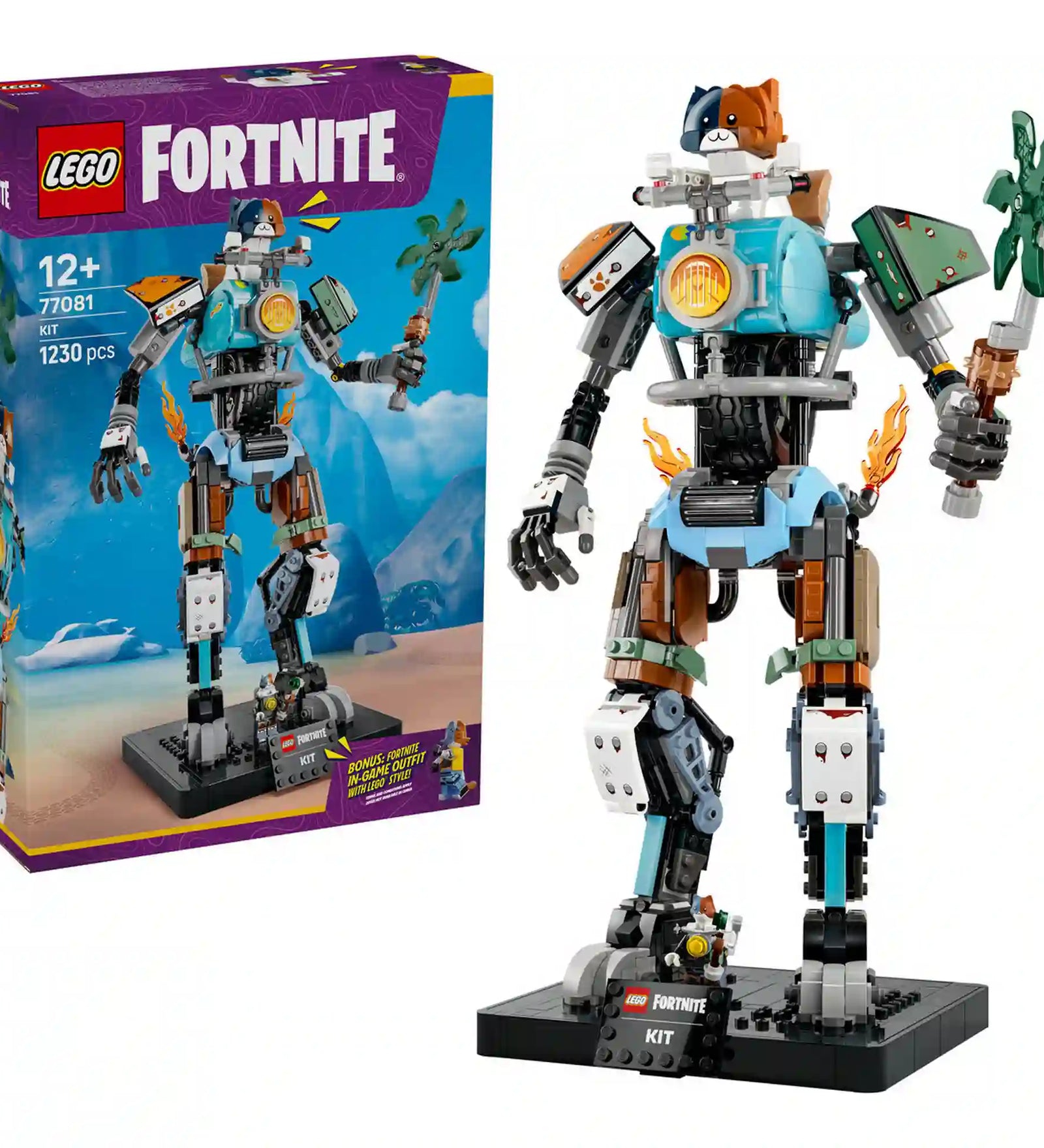 LEGO® Fortnite® KIT (77081) készlet doboza és megépített robotfigurája, a Fortnite videojátékból ismert KIT karakterrel, Power Claw csákánnyal és kiállító talppal.