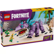 A LEGO Fortnite Klombo szett dobozának eleje, rajta a részletes lila szörny, akcióban a három minifigurával és díszített Fortnite környezetben.
