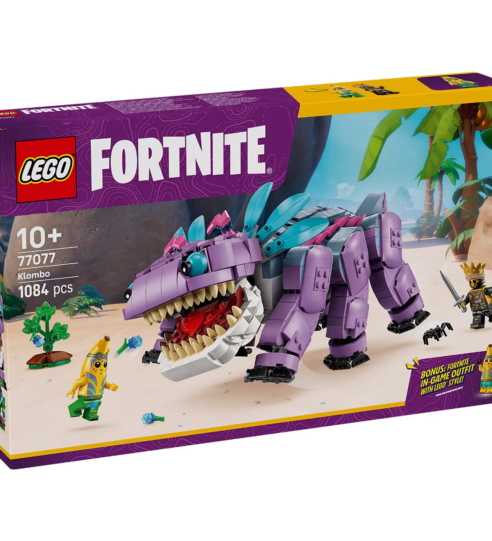 A LEGO Fortnite Klombo szett dobozának eleje, rajta a részletes lila szörny, akcióban a három minifigurával és díszített Fortnite környezetben.