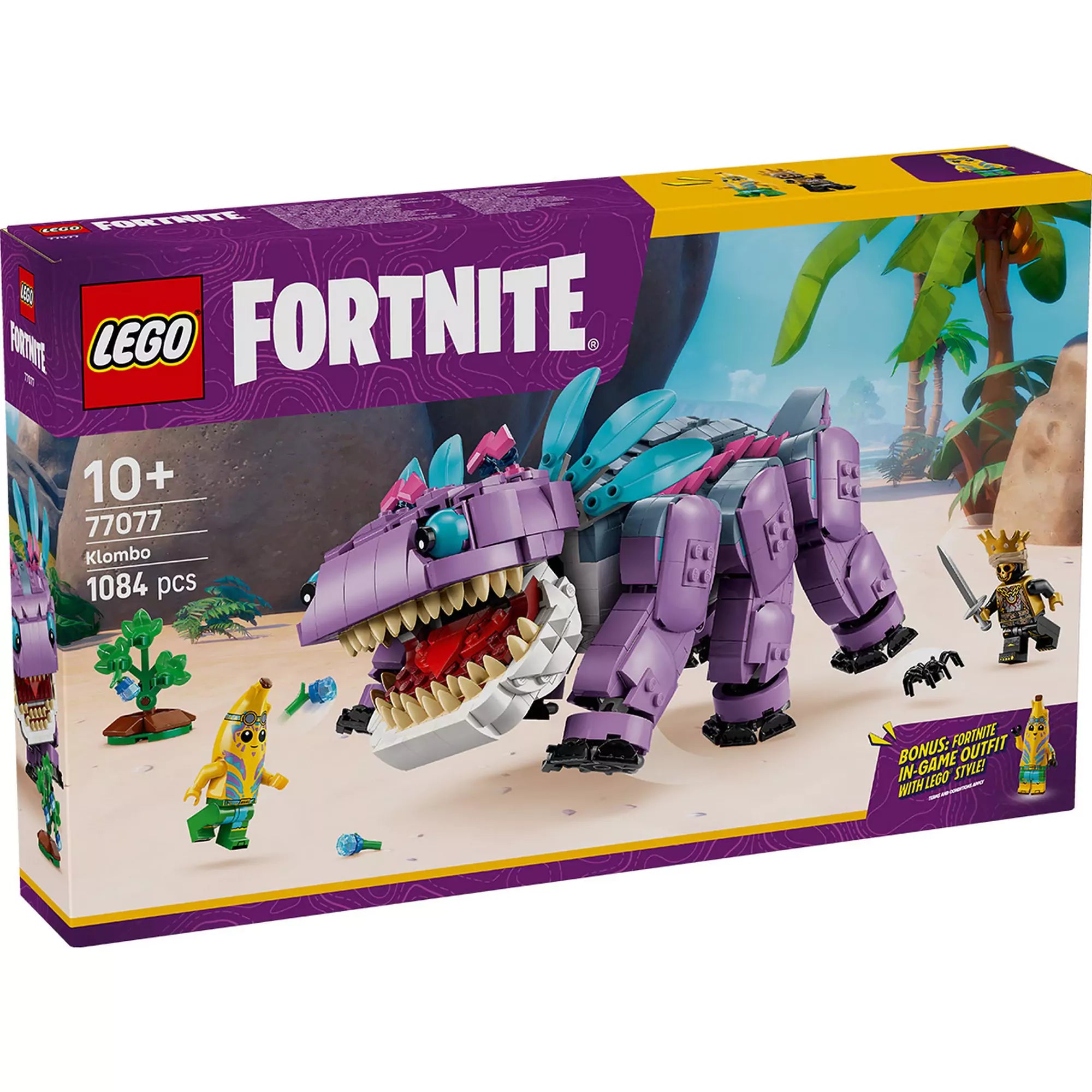 A LEGO Fortnite Klombo szett dobozának eleje, rajta a részletes lila szörny, akcióban a három minifigurával és díszített Fortnite környezetben.