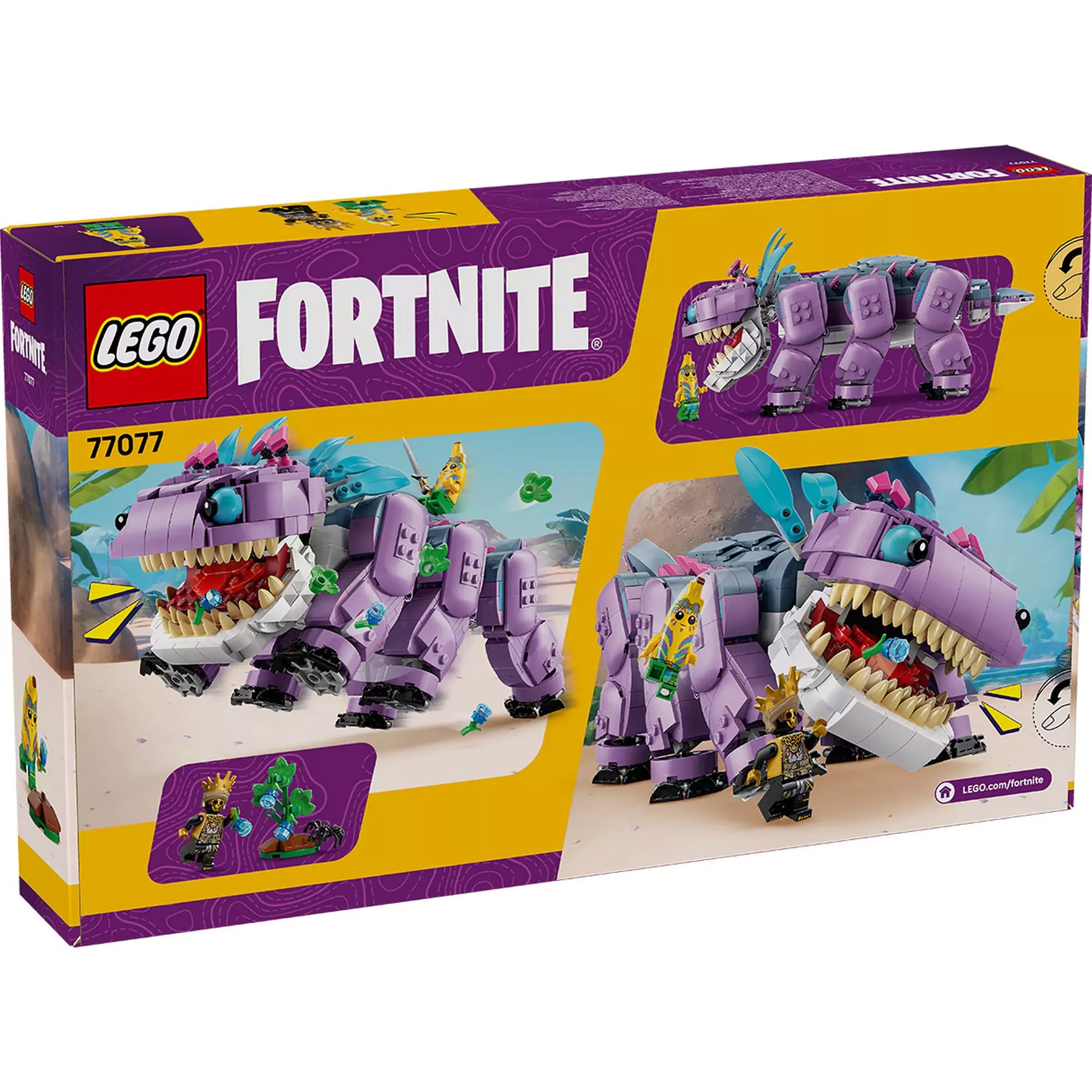 A LEGO Fortnite Klombo készlet dobozának hátoldala, amely bemutatja a mozgatható lila szörnyet, a banános és csontváz minifigurákat, valamint játékjeleneteket a homokos tájon.