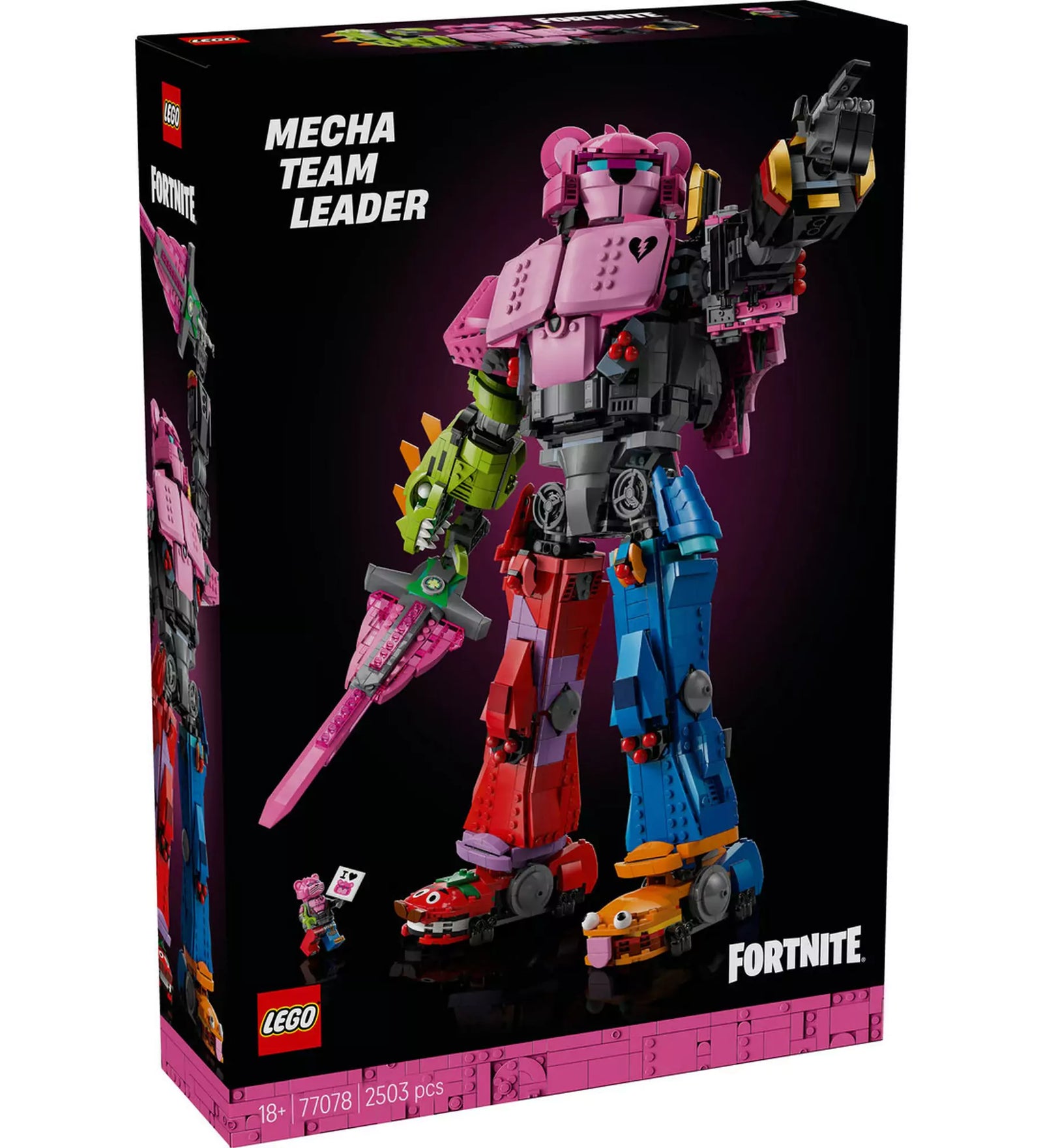 LEGO Fortnite Mecha Team Leader (77078) doboz, a színes robotkonstrukció és a minifigura látható a fekete háttér előtt.