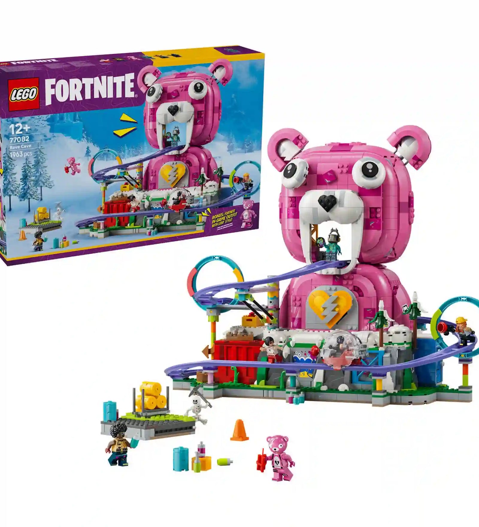 LEGO Fortnite Rave Cave készlet és doboza együtt, részletgazdag Fortnite pályával és Cuddle Team Leader építménnyel.