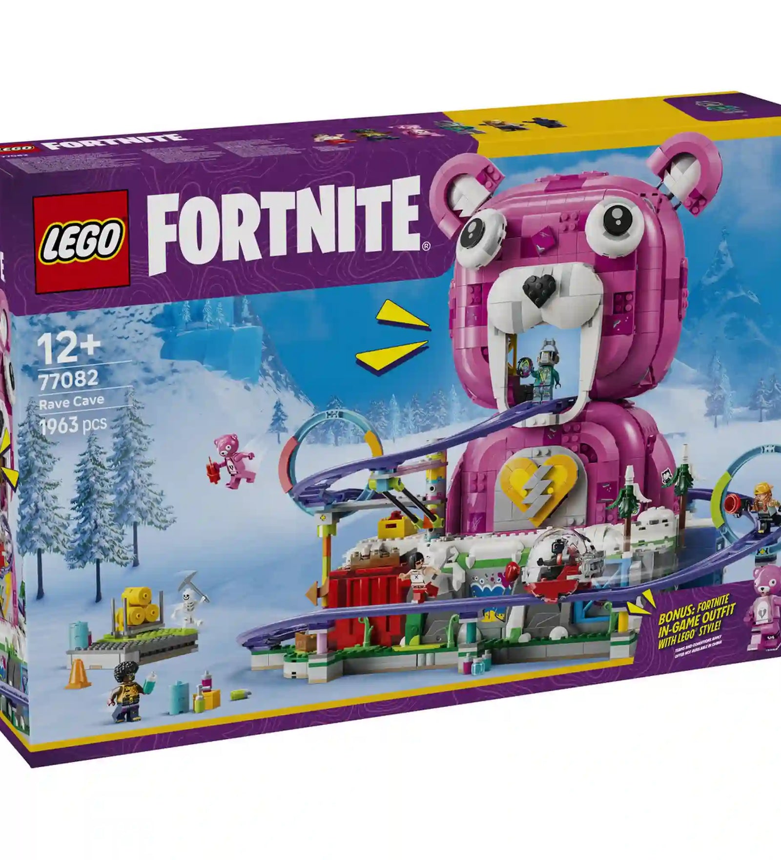 LEGO Fortnite Rave Cave (77082) dobozkép a teljes Fortnite helyszínnel, hullámvasúttal és exkluzív digitális bónusszal.