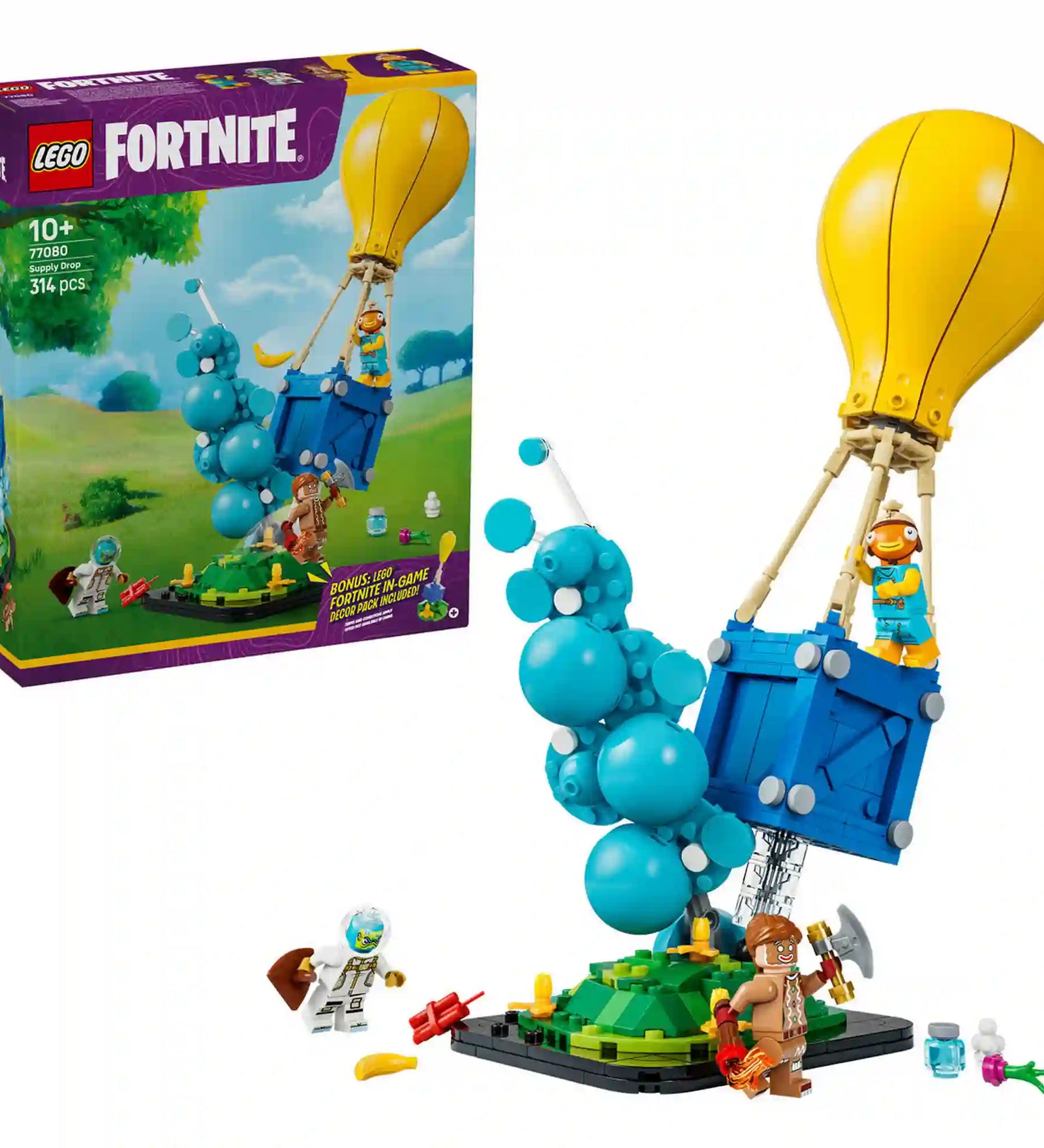 LEGO® Fortnite® Supply Drop (77080) készlet doboza és megépített ellátmánydoboz modellje sárga léggömbbel, kék ládával és Fortnite minifigurákkal.