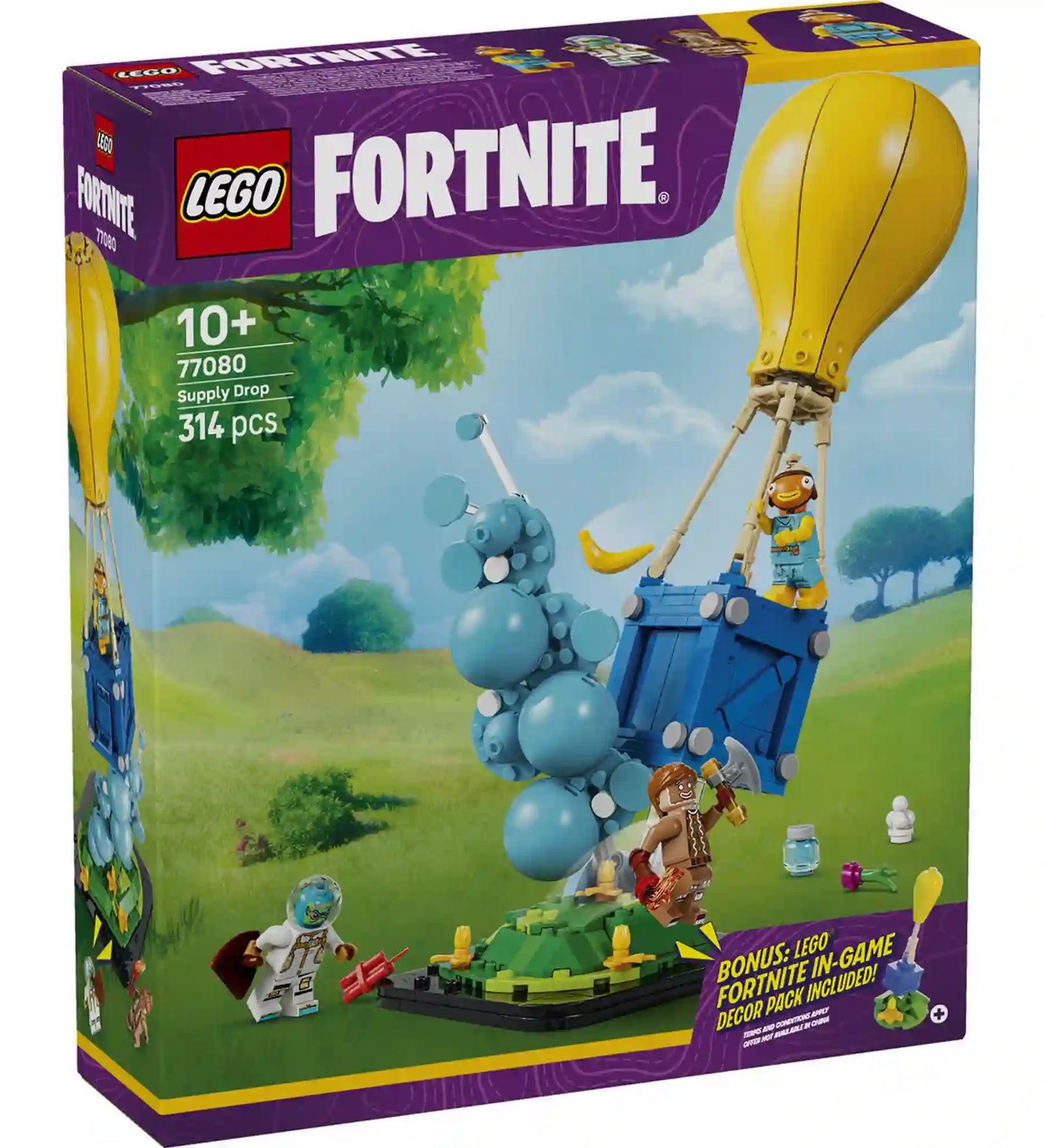 LEGO Fortnite Supply Drop készlet dobozképe, 314 elemes építőkészlettel, Fishstick, Leviathan és Ginger Gunner minifigurákkal.