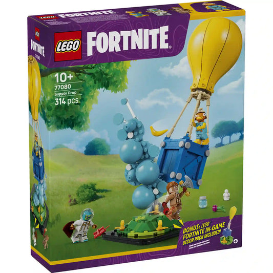 LEGO Fortnite Supply Drop készlet dobozképe, 314 elemes építőkészlettel, Fishstick, Leviathan és Ginger Gunner minifigurákkal.