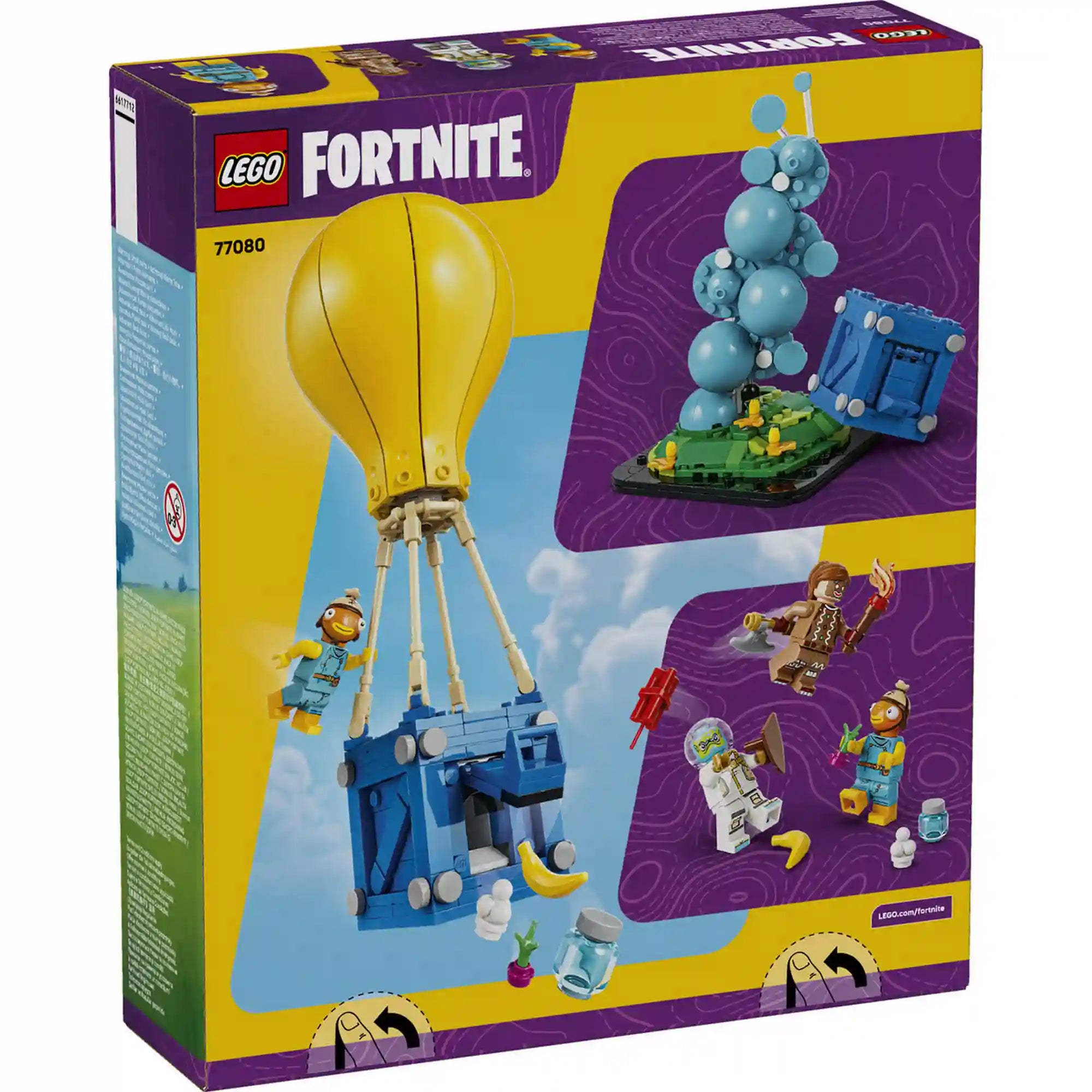 A LEGO Fortnite Supply Drop (77080) készlet hátoldala, amely bemutatja a nyitható ládát, a tartozékokat és a Fortnite minifigurákat.