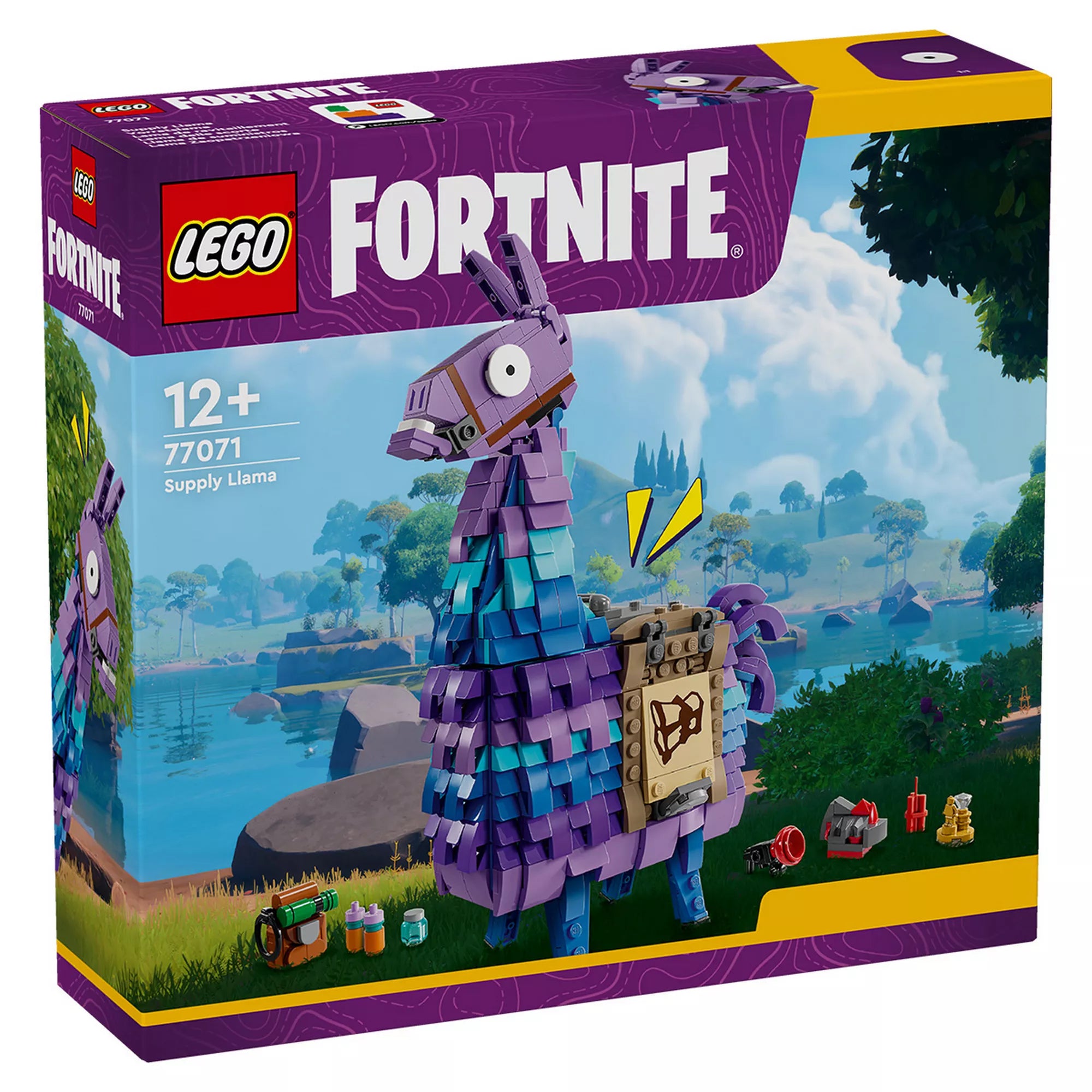 A LEGO Fortnite: Supply Llama (77041) doboza, amely a híres, lila és kék színekben pompázó láma modellt ábrázolja. A dobozon jól látható a Fortnite logó és a 12+ korosztály jelölése, valamint a kiegészítő elemek, mint a hátizsák és az italok.