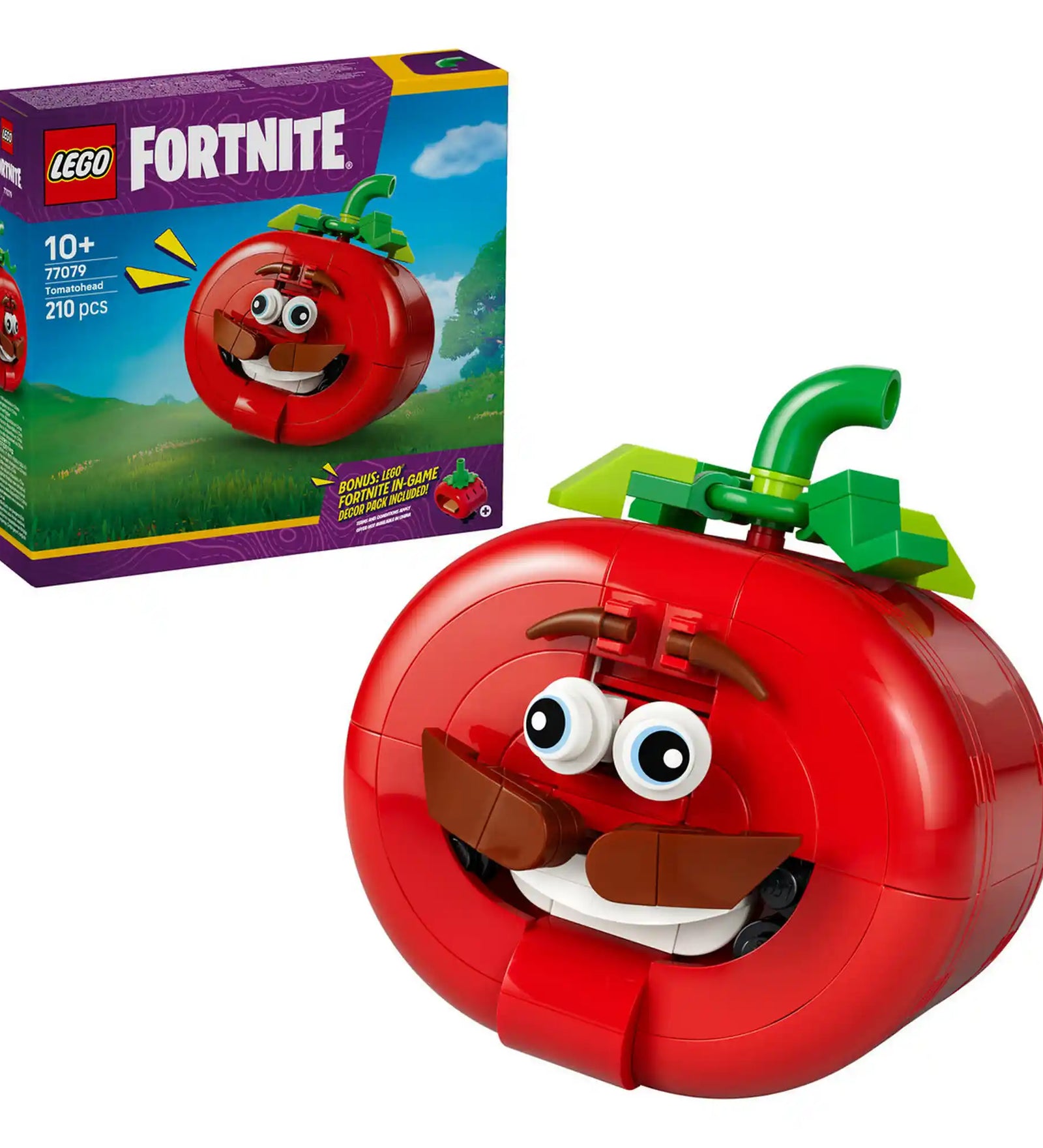 LEGO Fortnite Tomatohead (77079) készlet doboza és a megépített paradicsomfej figura, amely a Fortnite játék ikonikus Tomatohead karakterét ábrázolja.