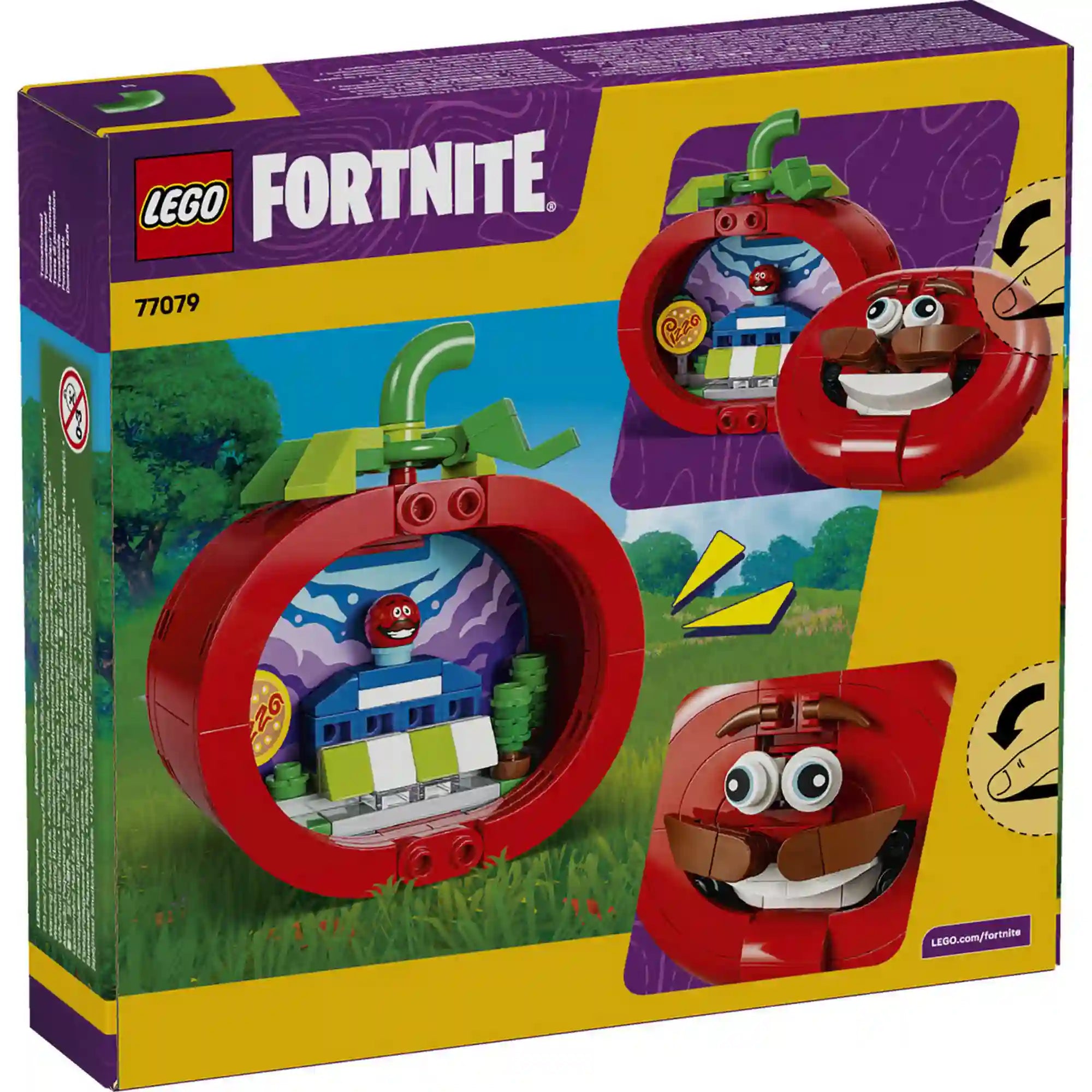 A LEGO Fortnite Tomatohead (77079) készlet hátoldala, amely bemutatja a nyitható modellt és Pete bácsi pizzériájának miniatűr belső terét.