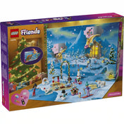 LEGO Friends Adventi naptár 2026 42698 – a készlet dobozának hátoldala a 24 meglepetéssel és téli játékelemekkel