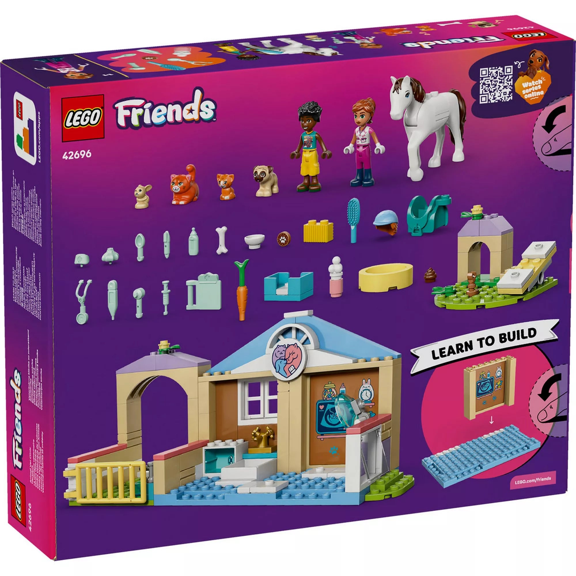 LEGO Friends Állatorvosi klinika (42696) doboz hátoldala, a készlet elemeinek, funkcióinak és szerepjátékos lehetőségeinek bemutatásával