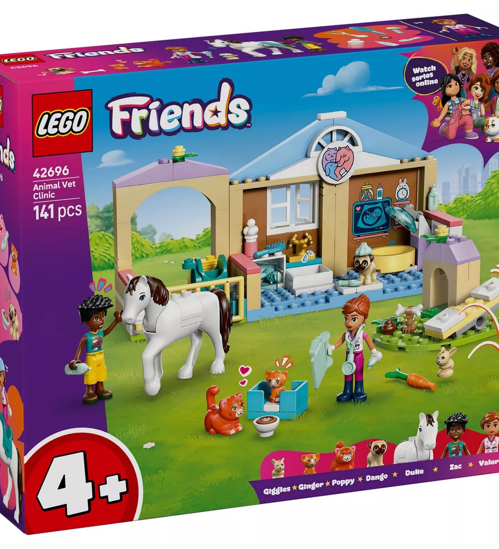 LEGO Friends Állatorvosi klinika (42696) játékkészlet doboza elölnézetből, állatorvosi épülettel, lóval, figurákkal és kisállatokkal