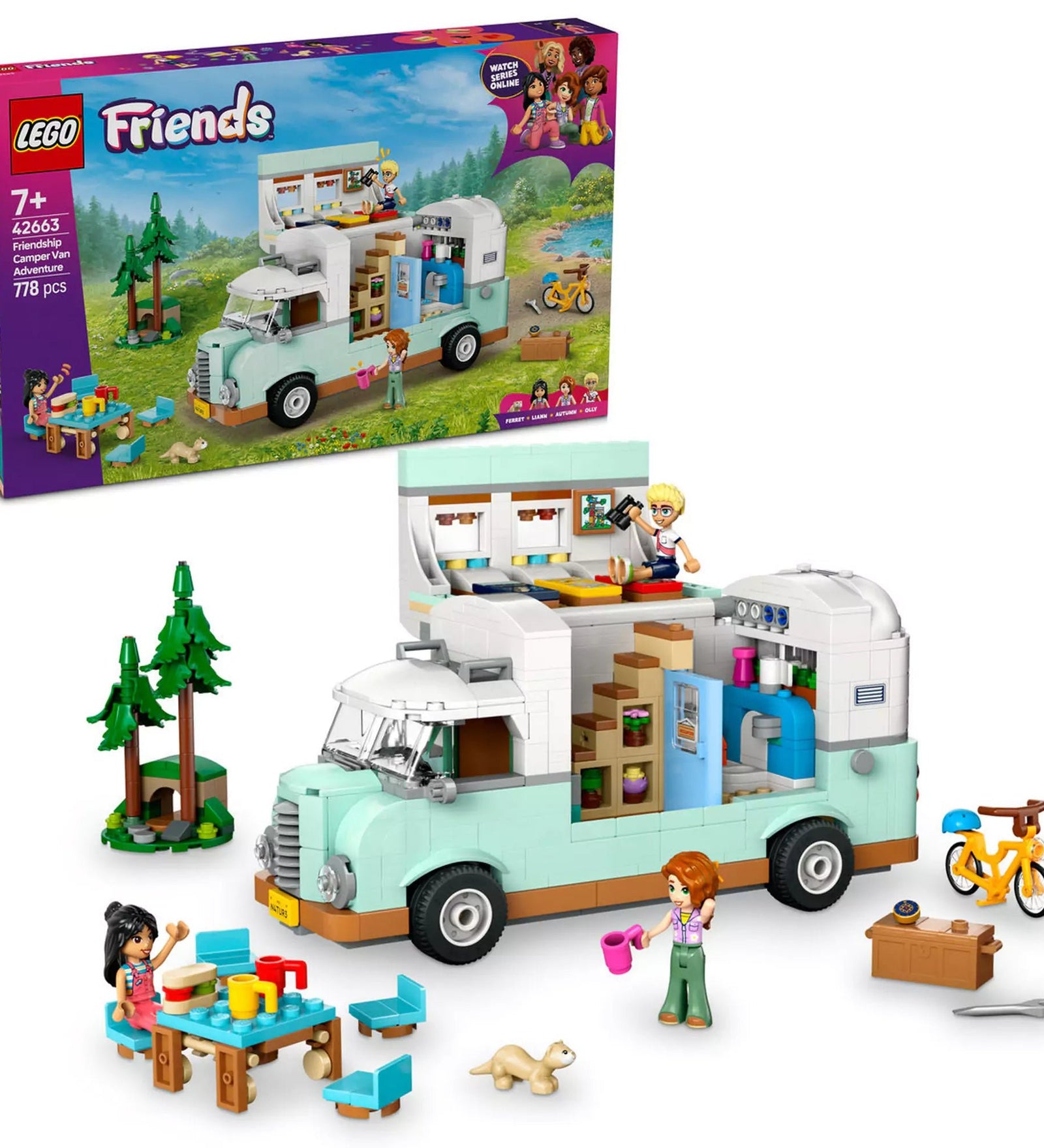 LEGO Friends: Barátság lakóautós kaland (42663) játékkészlet doboza és megépített elemei, köztük a lakóautó nyitható tetővel, karakterekkel és kempingfelszereléssel.