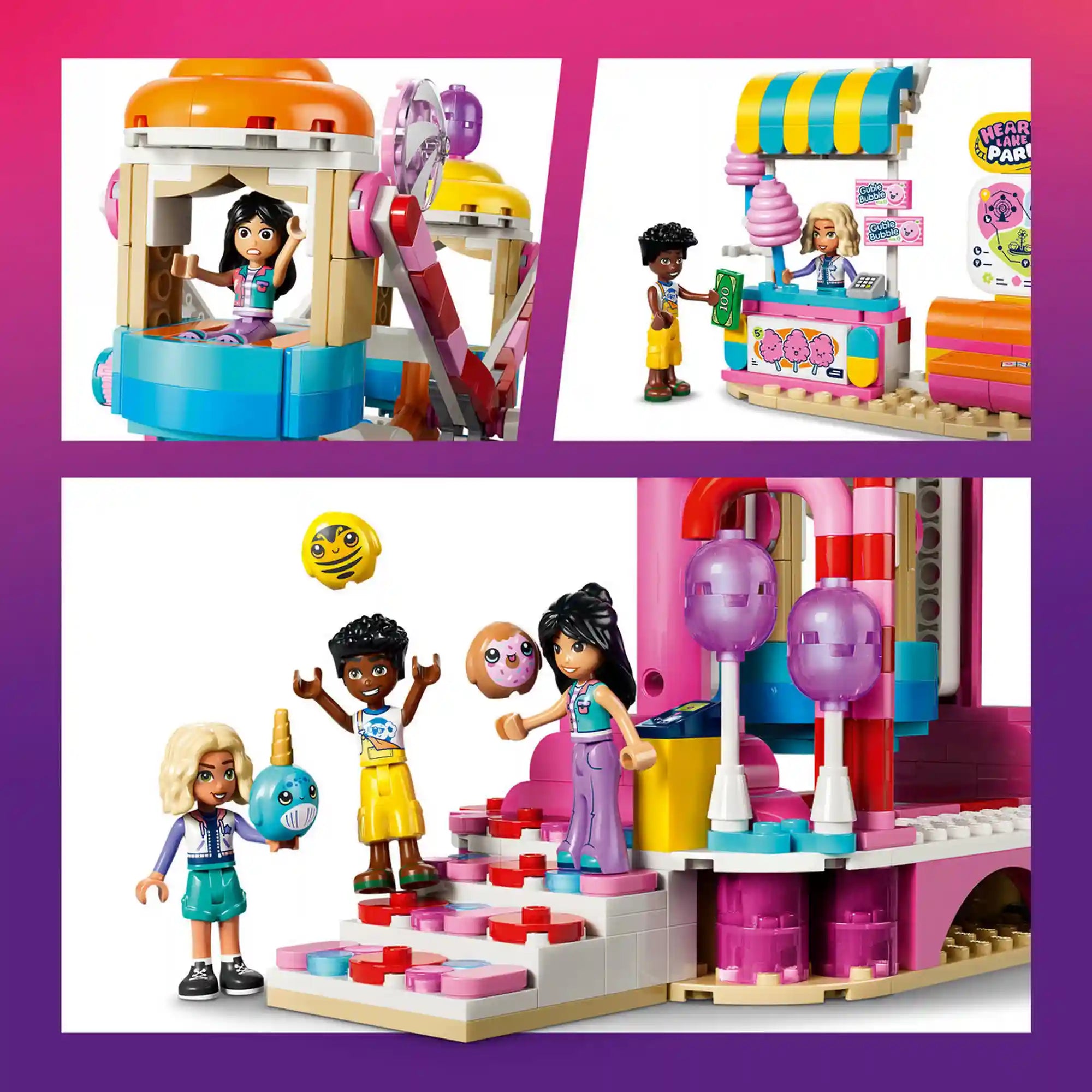 LEGO Friends: Cukorkával és muffinnal díszített óriáskerék 42700, 602 darabos készlet részletei, az óriáskerék kabinjaival, édességárussal, játékstanddal és interaktív funkciókkal.
