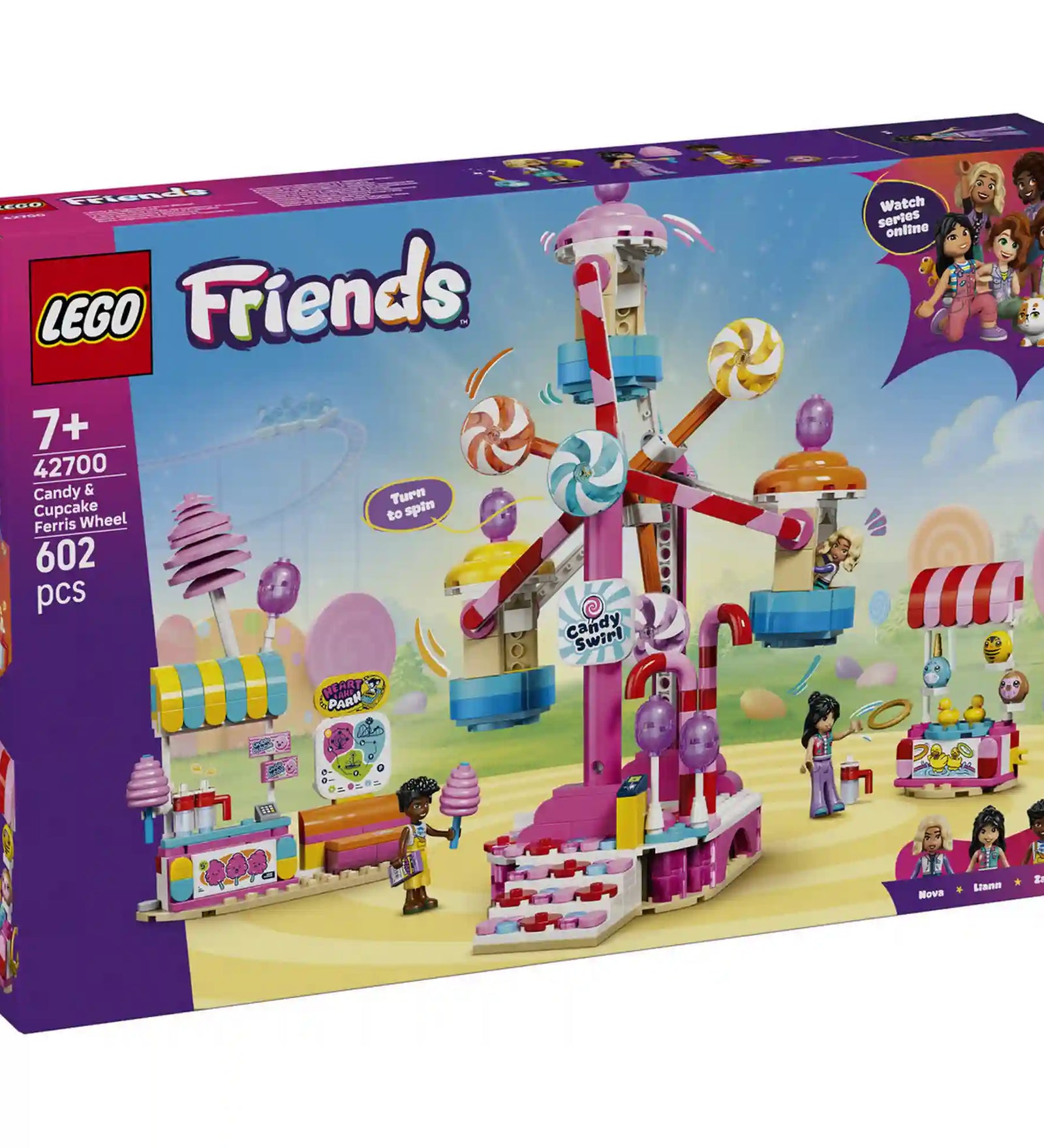 LEGO Friends: Cukorkával és muffinnal díszített óriáskerék 42700, 602 darabos készlet dobozképe a színes cukorkatémájú óriáskerékkel, árusító standokkal és LEGO Friends karakterekkel.