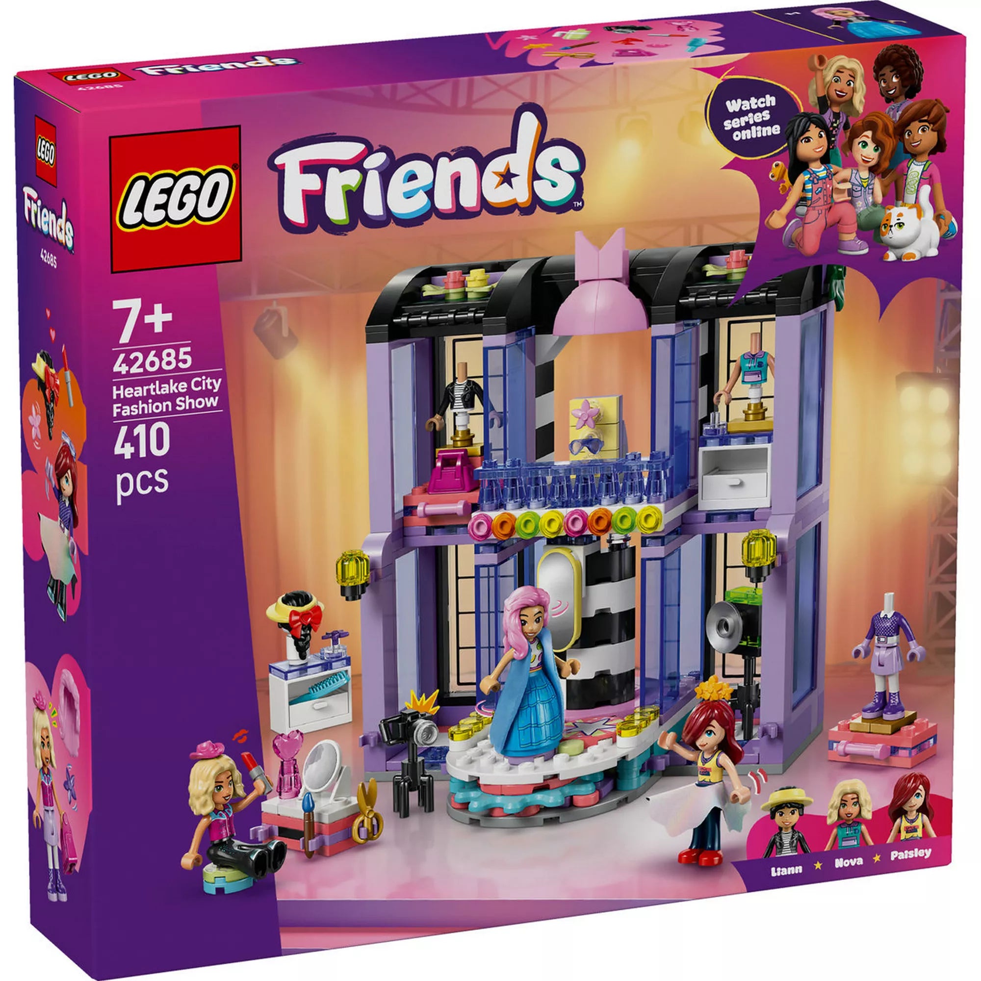 LEGO Friends Heartlake City divatbemutató (42685) készlet dobozának eleje, kifutóval, forgatható platformmal, 3 minibabafigurával és divatos kiegészítőkkel.