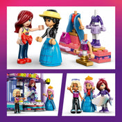 LEGO Friends minibabafigurák ruhacserével és kiegészítőkkel, a divatbemutató kifutója előtt, kreatív szerepjáték jelenetben.