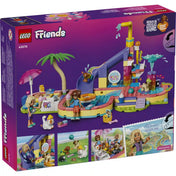 A LEGO Friends Egy vidám nap az aquaparkban készlet hátoldala, amely a játékfunkciókat és a történetmesélési lehetőségeket mutatja be.