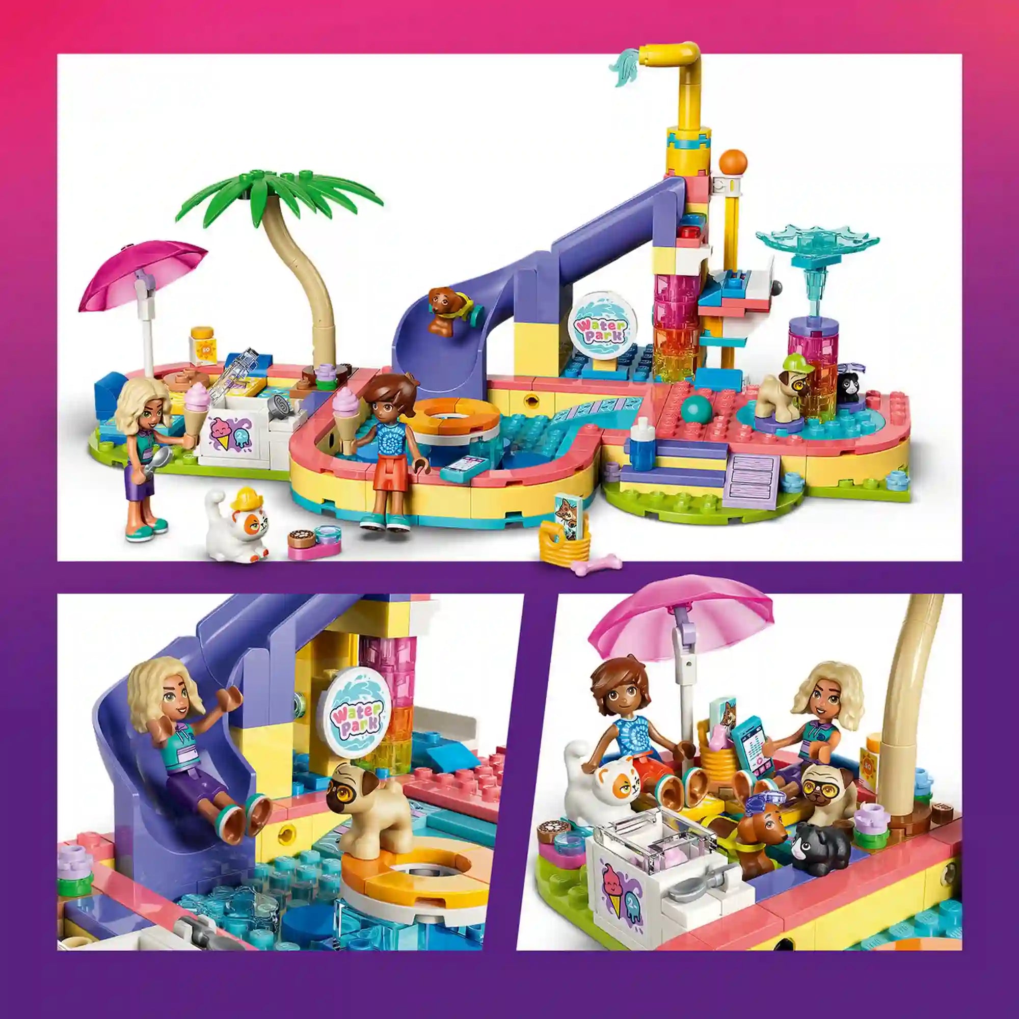 LEGO Friends Egy vidám nap az aquaparkban készlet részletes nézete csúszdával, forgó szökőkúttal, pihenőrésszel és állatos kiegészítőkkel.