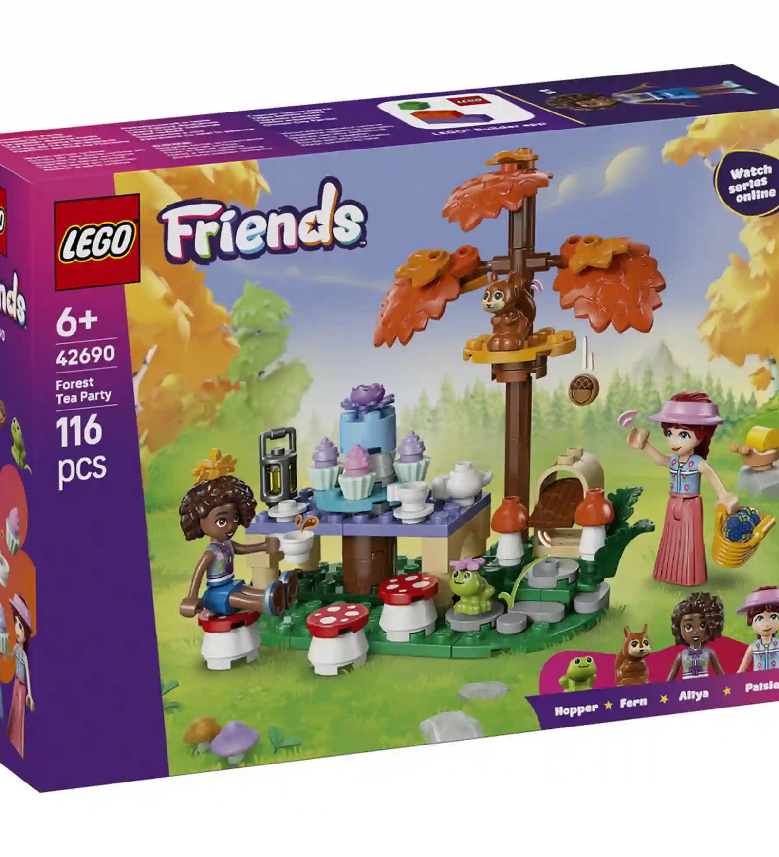 LEGO Friends Erdei teázás 42690 készlet dobozképe erdei teaparti jelenettel, Aliya és Paisley figurákkal, békával, mókussal és gombás asztallal.