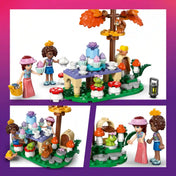 LEGO Friends Erdei teázás készlet tortával, muffinokkal, teáskannával, gomba alakú székekkel és mesebeli erdei környezettel.