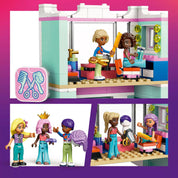 A LEGO Friends fodrászat belső tere, ahol Nova és Aliya új frizurákat próbálnak ki Faraji, a fodrász segítségével.