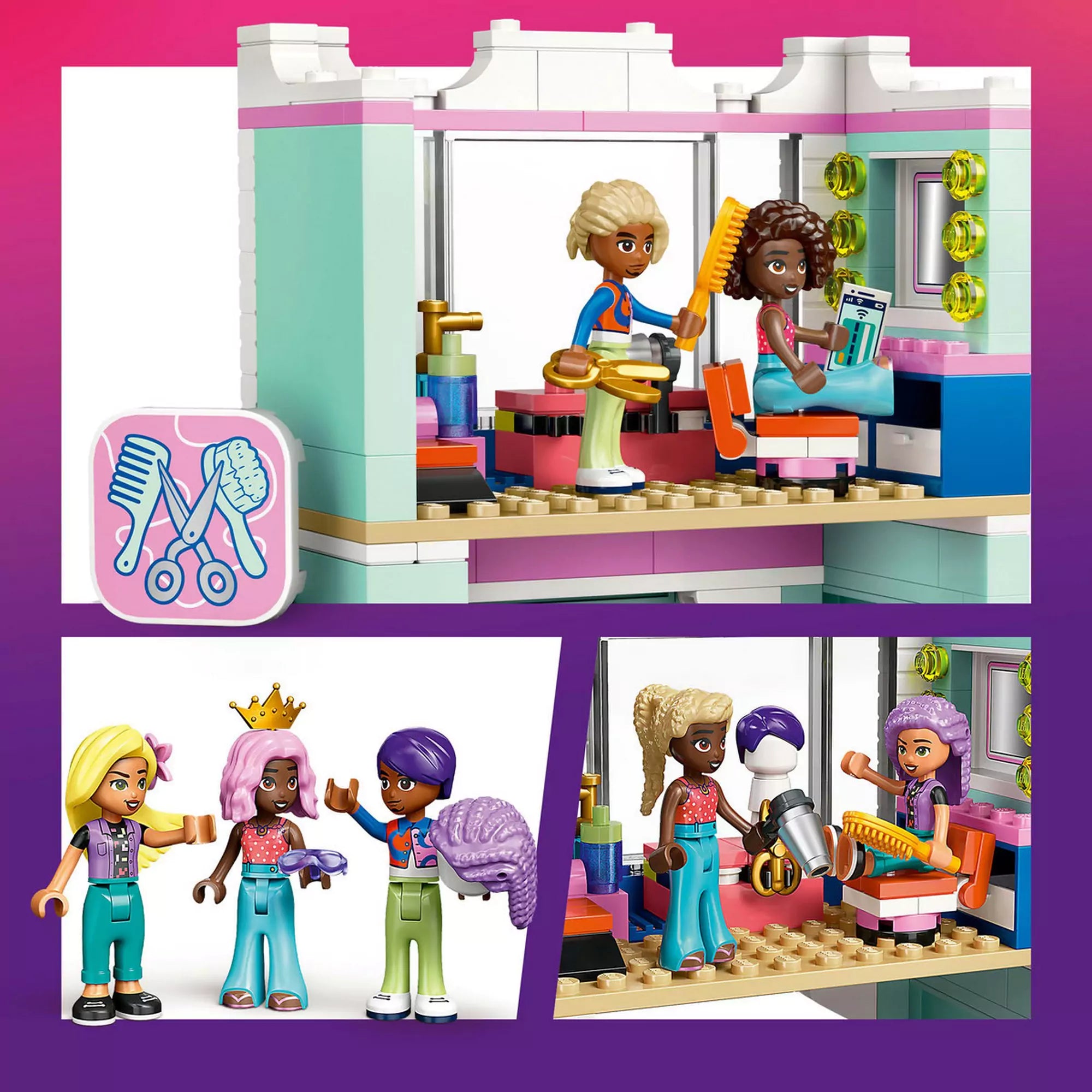 A LEGO Friends fodrászat belső tere, ahol Nova és Aliya új frizurákat próbálnak ki Faraji, a fodrász segítségével.