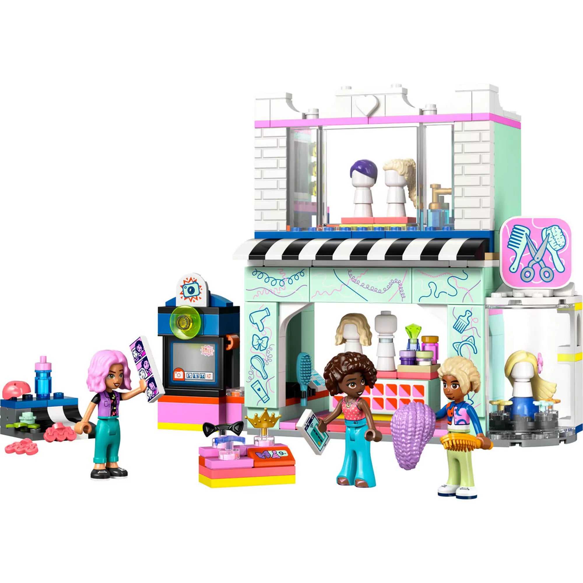 LEGO Friends Fodrászat és fodrászkellékek boltja 42662 modell teljes összeállítva, a fodrászati és bolt részleteivel.