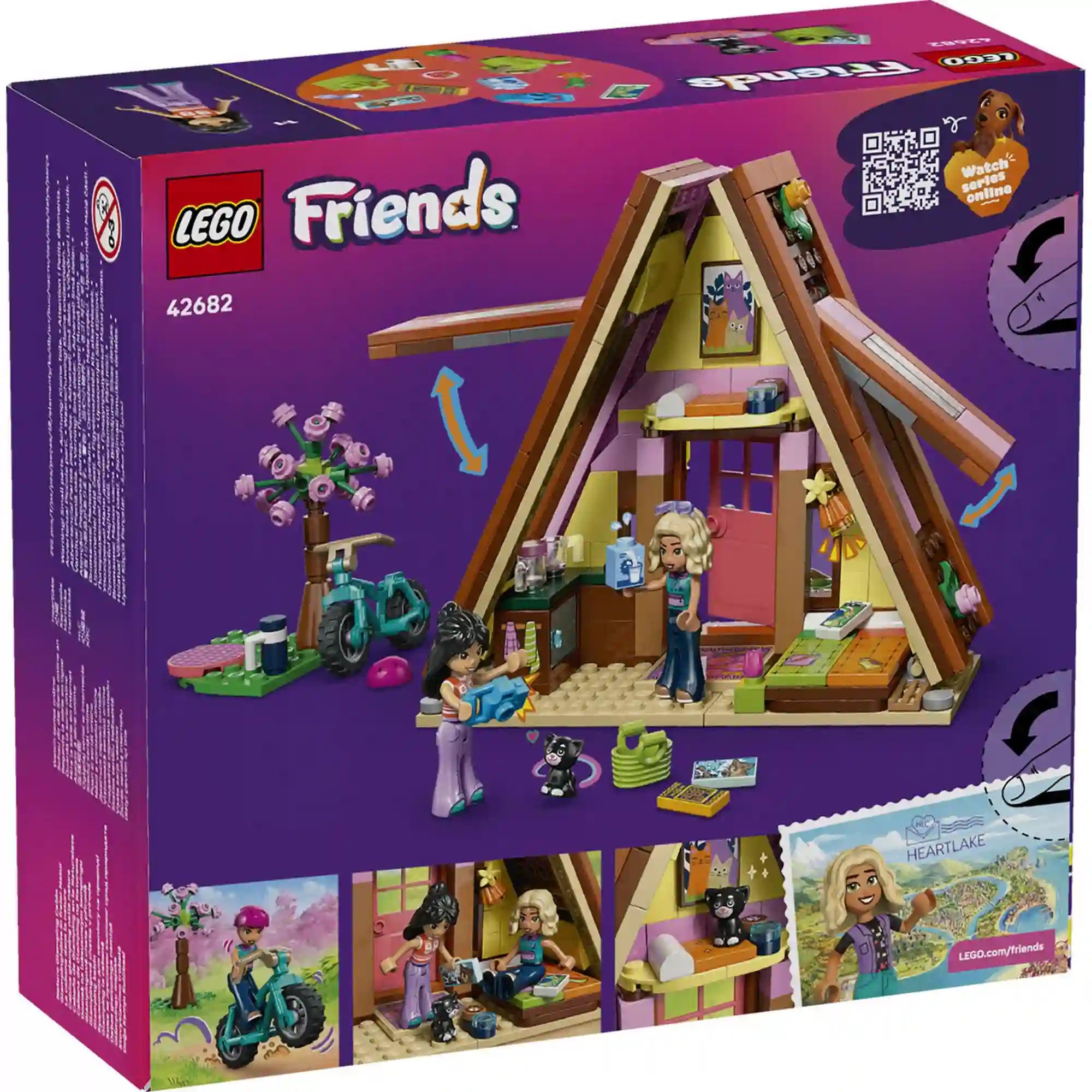 A LEGO Friends Glamping kabin készlet hátoldala, amely a nyitható kabinbelsőt, a konyhát, az ágyakat és a játékfunkciókat mutatja be.