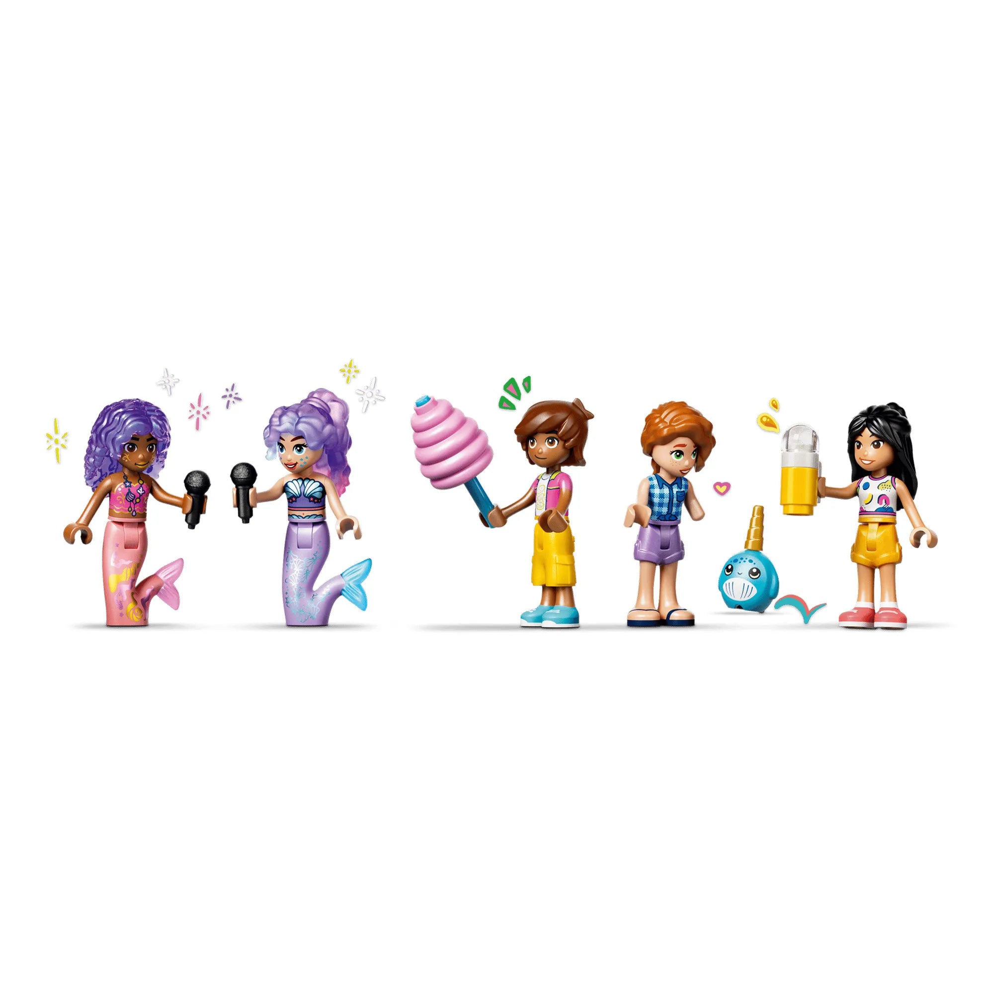 LEGO Friends: Hableányos hullámvasút 42703, 864 darabos készlet figurái és hableány szereplői, valamint a vidámparki látogatók és tengeri témájú karakterek.