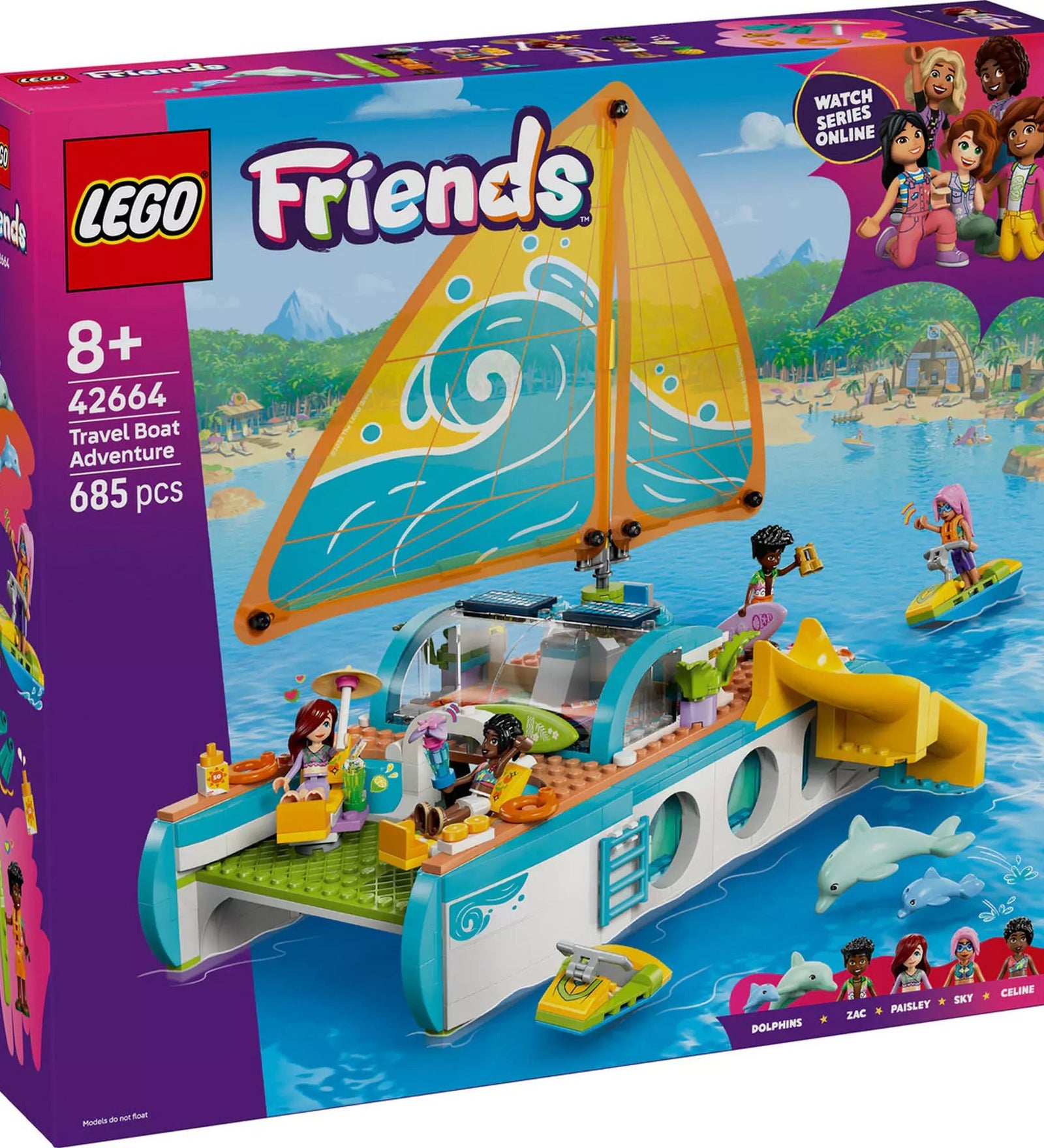 LEGO Friends: Hajós kirándulás és kaland (42664) dobozkép elölről, a hajón barátok napoznak, játszanak, és két delfin is feltűnik a vízben.