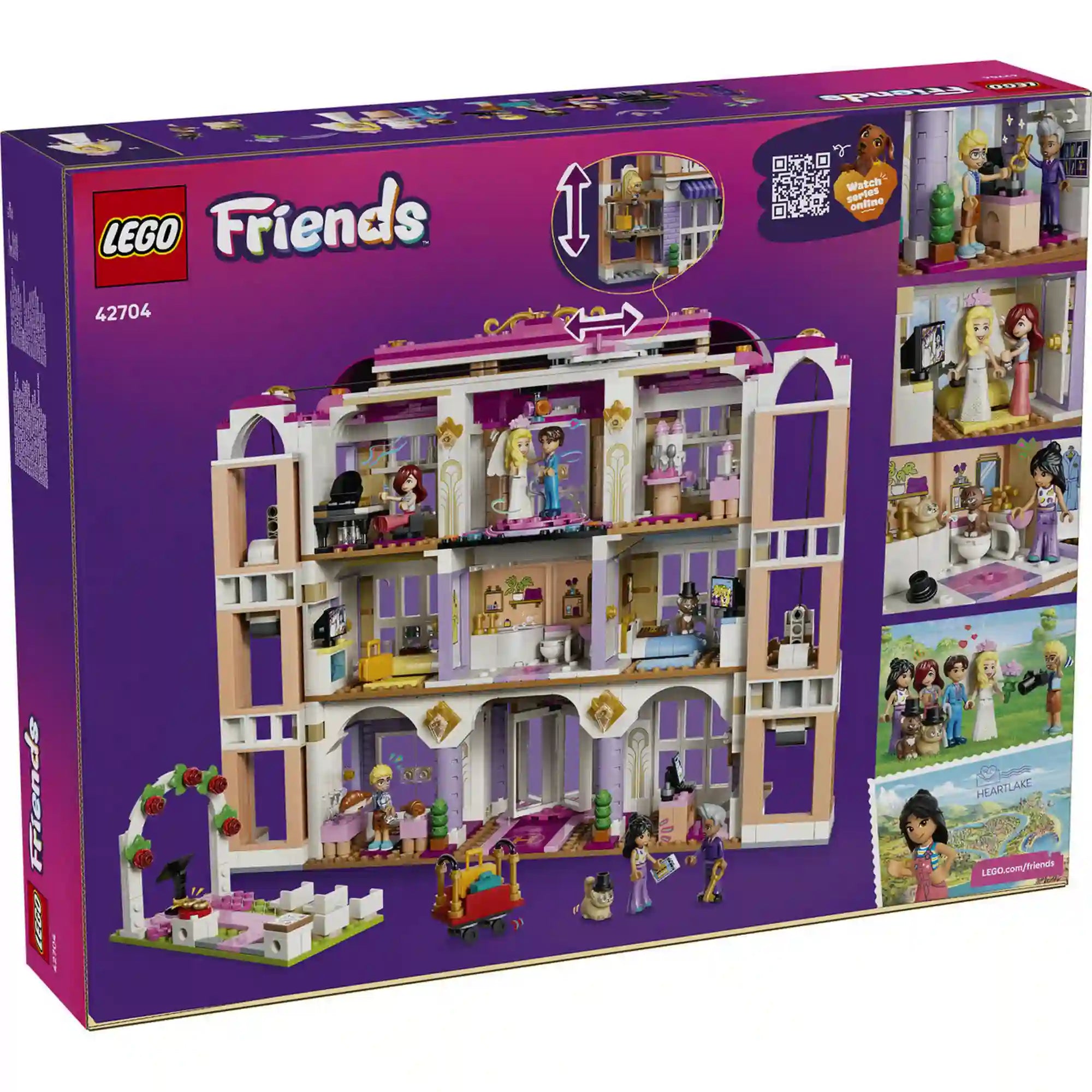 A LEGO Friends Heartlake City Grand Hotel hátoldali dobozképe, amely a szálloda belső tereit, hálószobáit, fürdőszobáját, rendezvénytermét és interaktív funkcióit mutatja be.