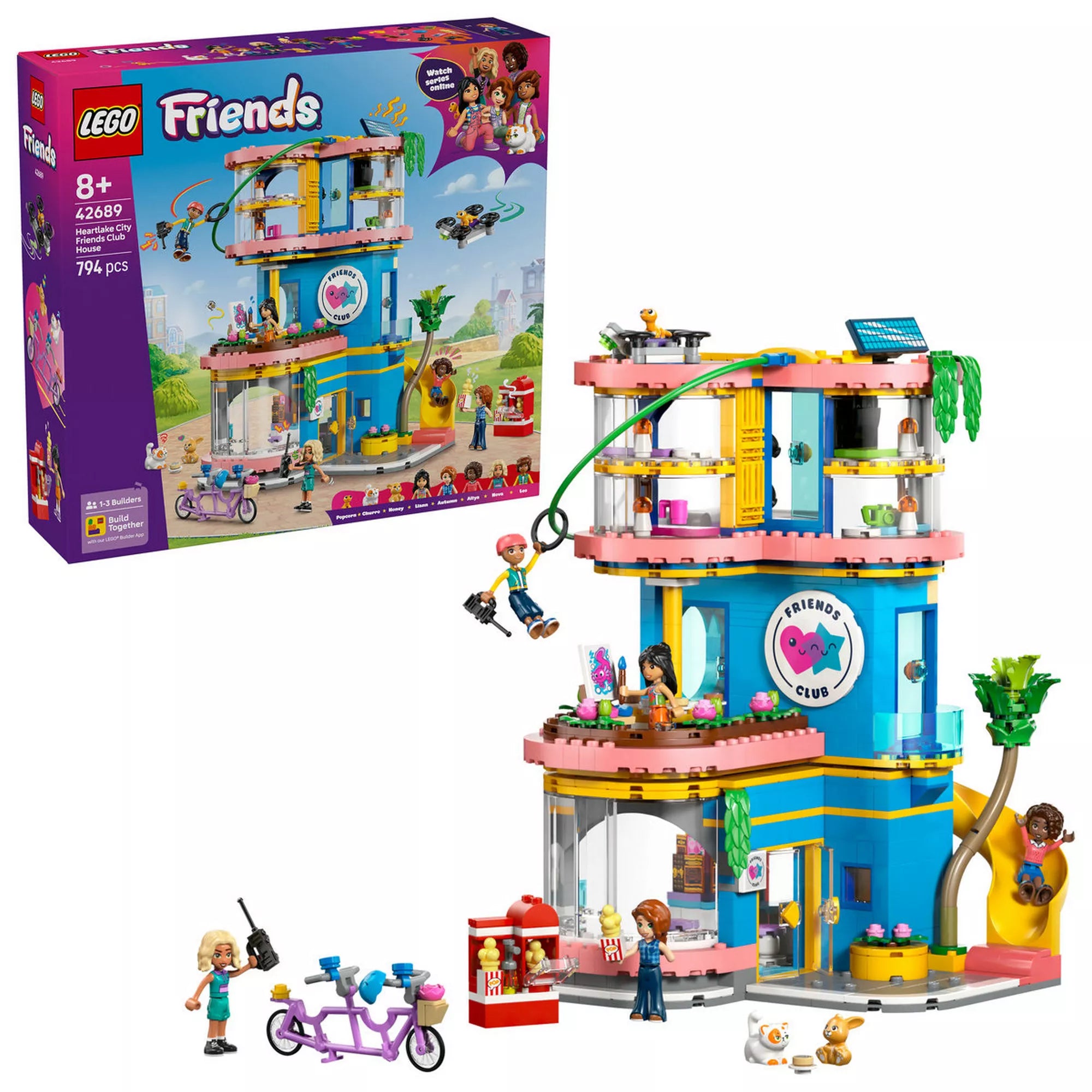 LEGO Friends Heartlake City barátságklub (42689) készlet a dobozzal együtt, felépített klubépülettel, kötélpályával, tandem kerékpárral, minibabafigurákkal és kiegészítőkkel.
