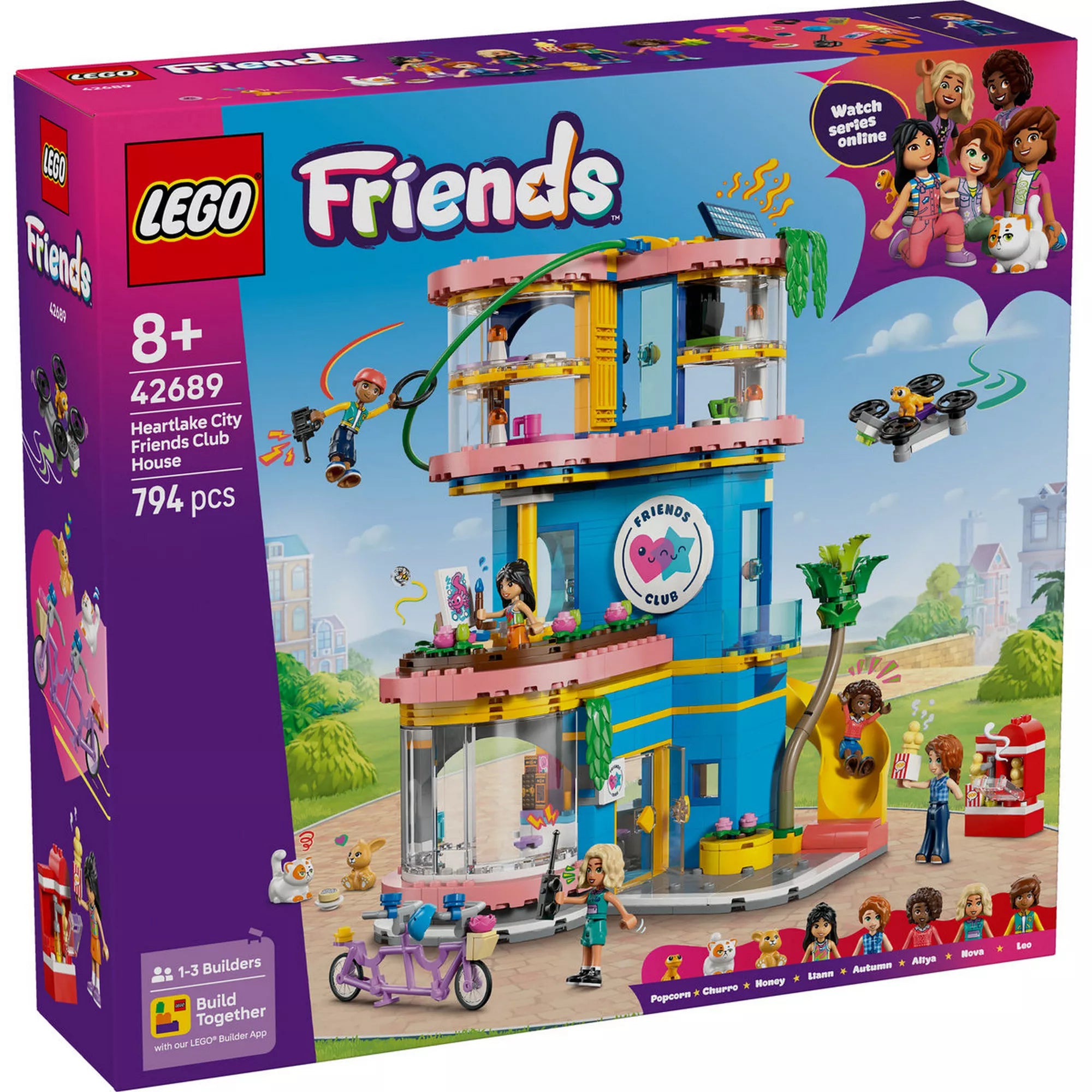 LEGO Friends Heartlake City barátságklub (42689) készlet dobozának eleje, háromszintes klubépülettel, csúszdával, kötélpályával, drónnal, 5 minibabafigurával és állatfigurákkal.