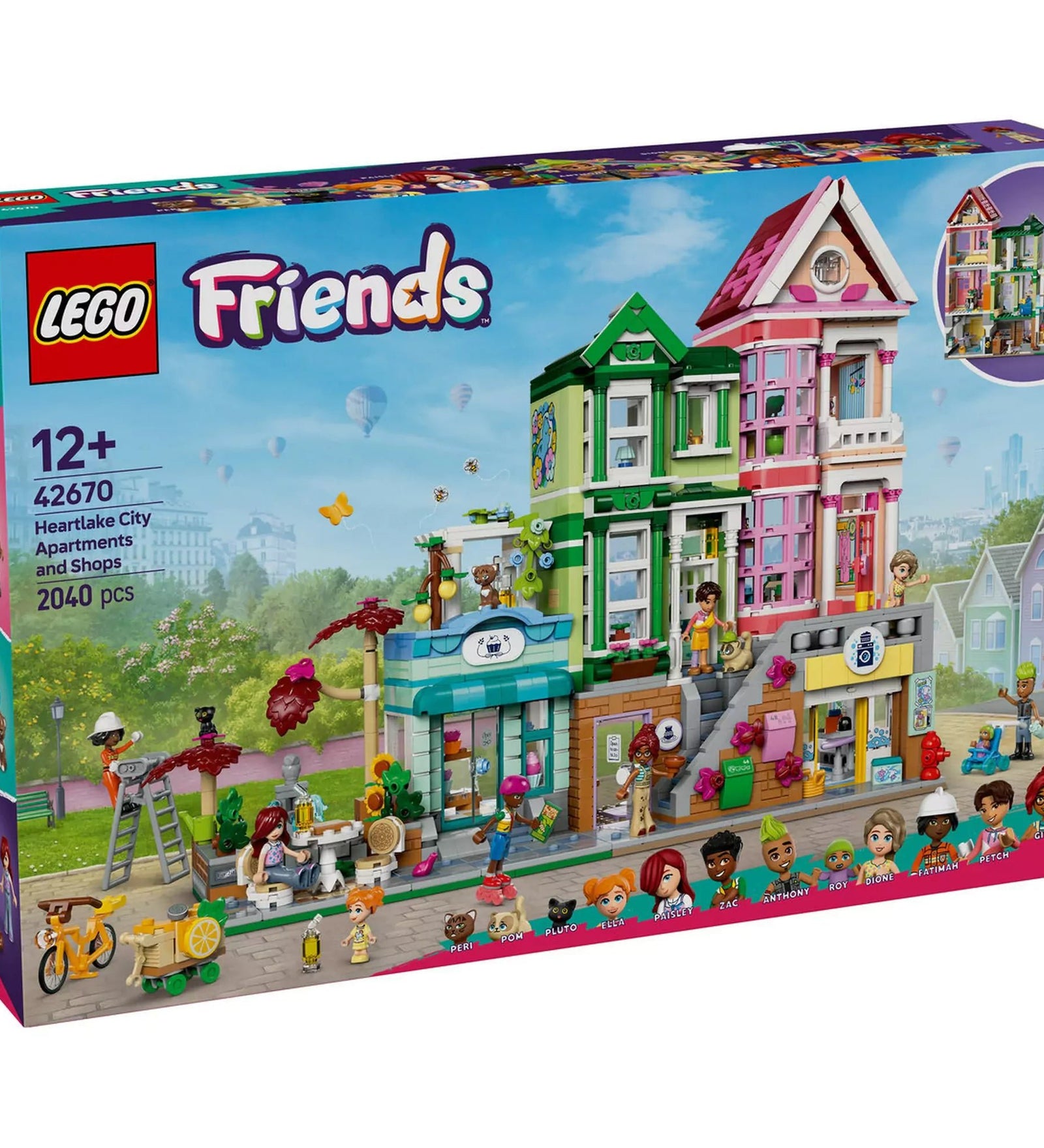 LEGO Friends Heartlake City lakások és üzletek 42670 dobozkép, amely bemutatja a részletes építőkészlet tartalmát és színes elemeit.