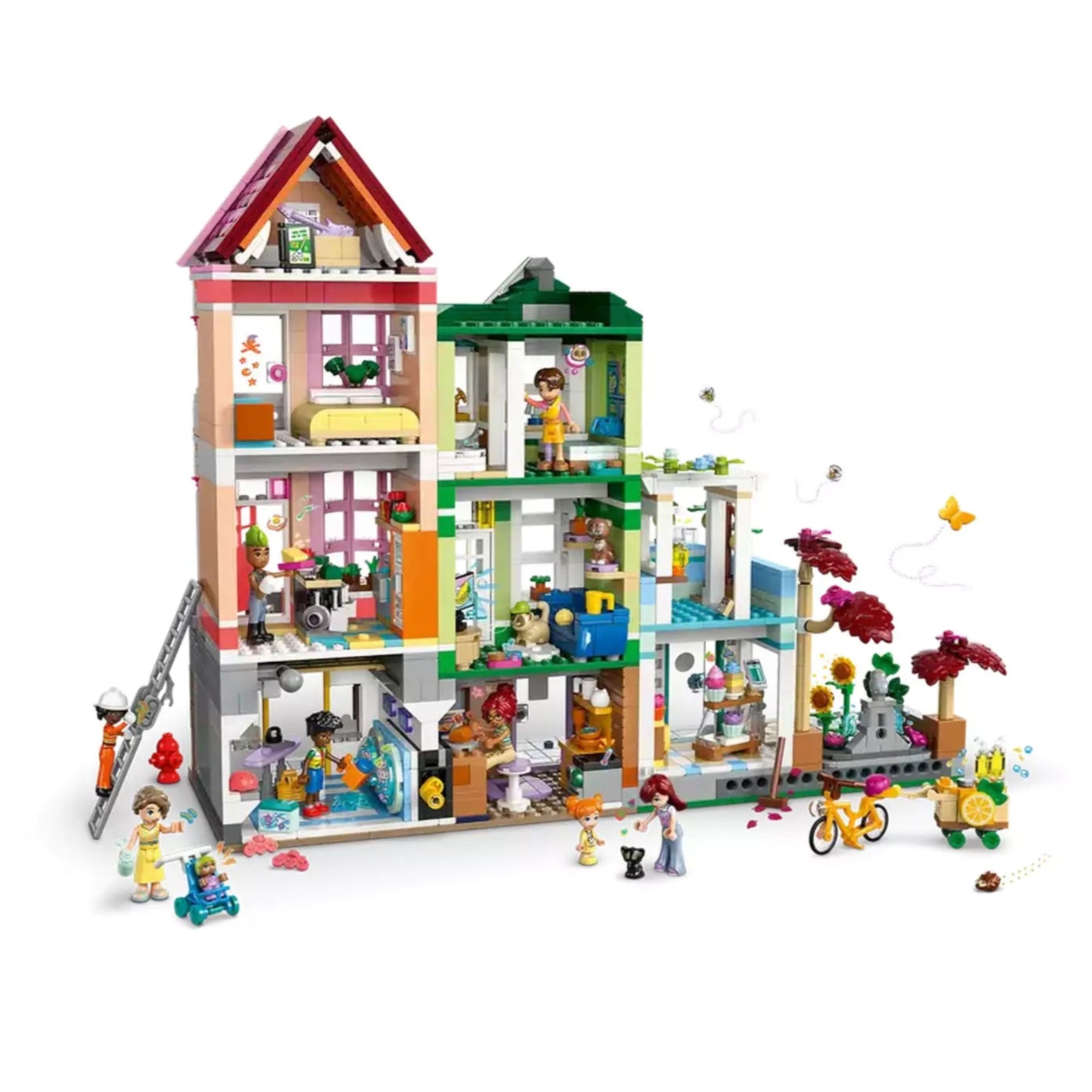 LEGO Friends Heartlake City lakások és üzletek 42670 modell, amely bemutatja a színes házak és üzletek külső és belső elemeit.