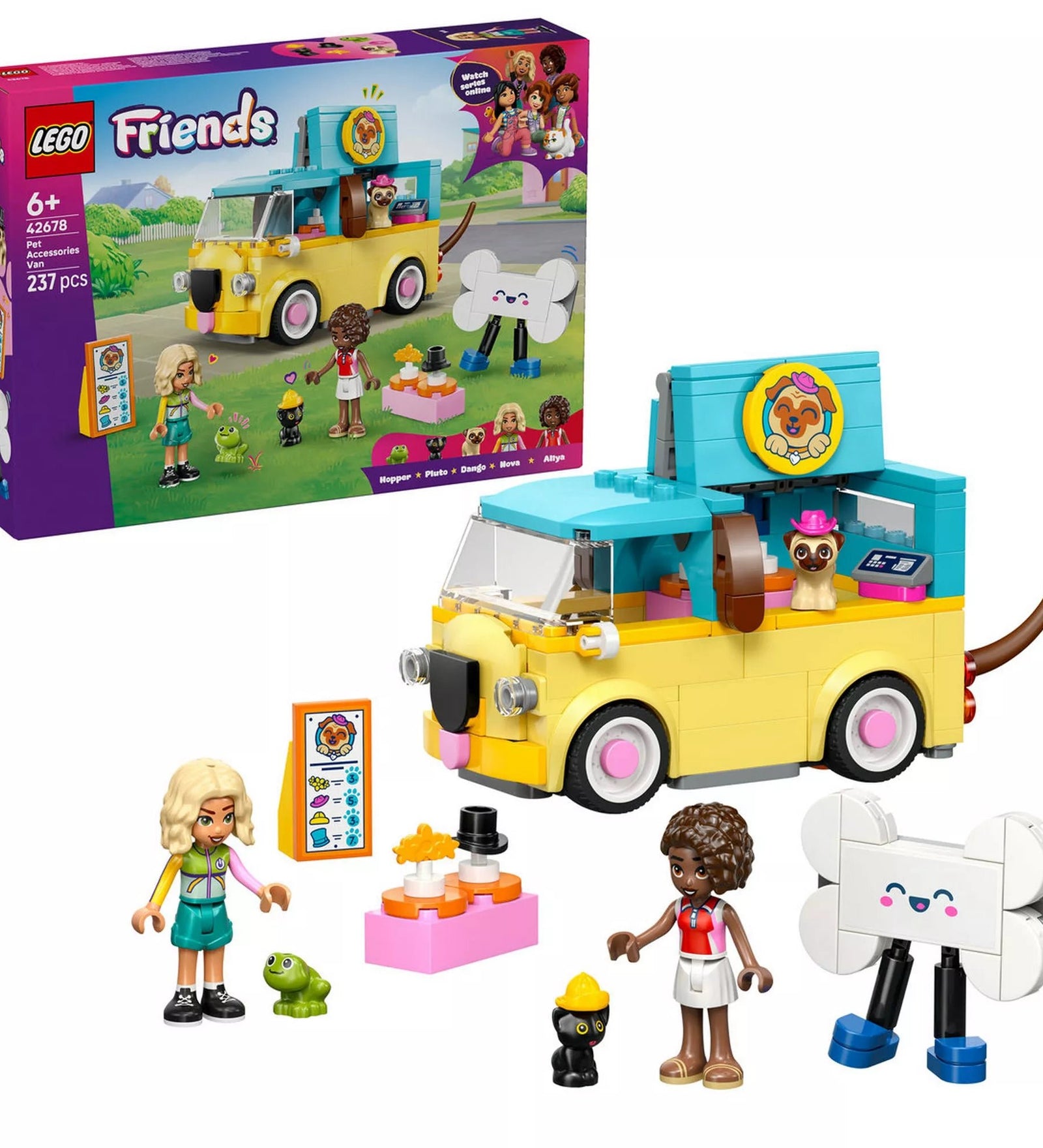 LEGO Friends Kisteherautó kisállatfelszerelésekkel (42678) teljes készlet: furgon, figurák, állatok, kiegészítők és a doboz együtt