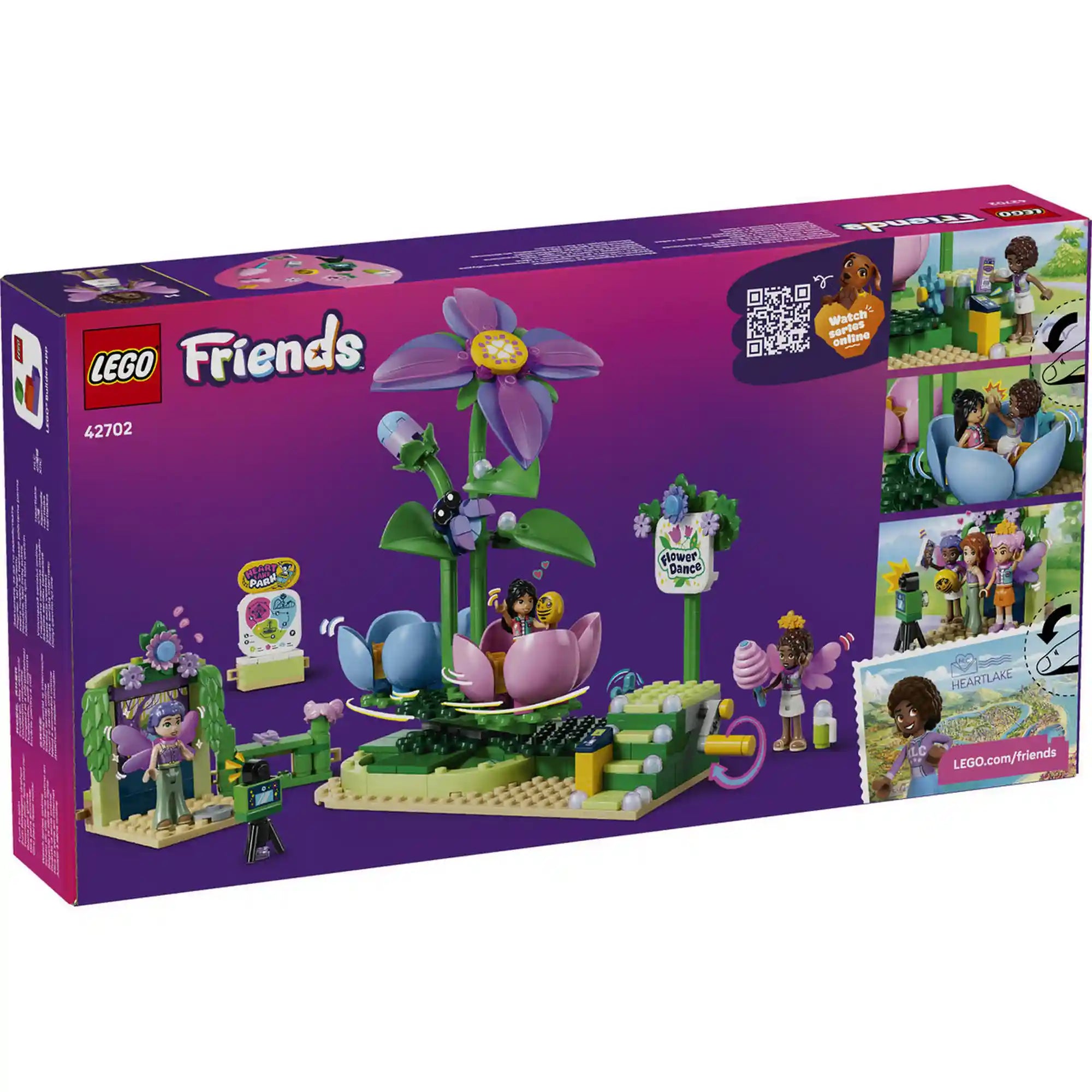 LEGO Friends: Körhinta virágokkal és tündérekkel 42702, 321 darabos készlet dobozképe a virágos körhintával, tündérfigurákkal és Heartlake City vidámparki témájú jelenettel.