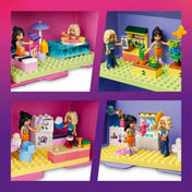Gyermek játszik a LEGO Friends Kreatív, bőröndalakú babaház készlettel, miközben különböző szobákat rendez be és történeteket alkot.