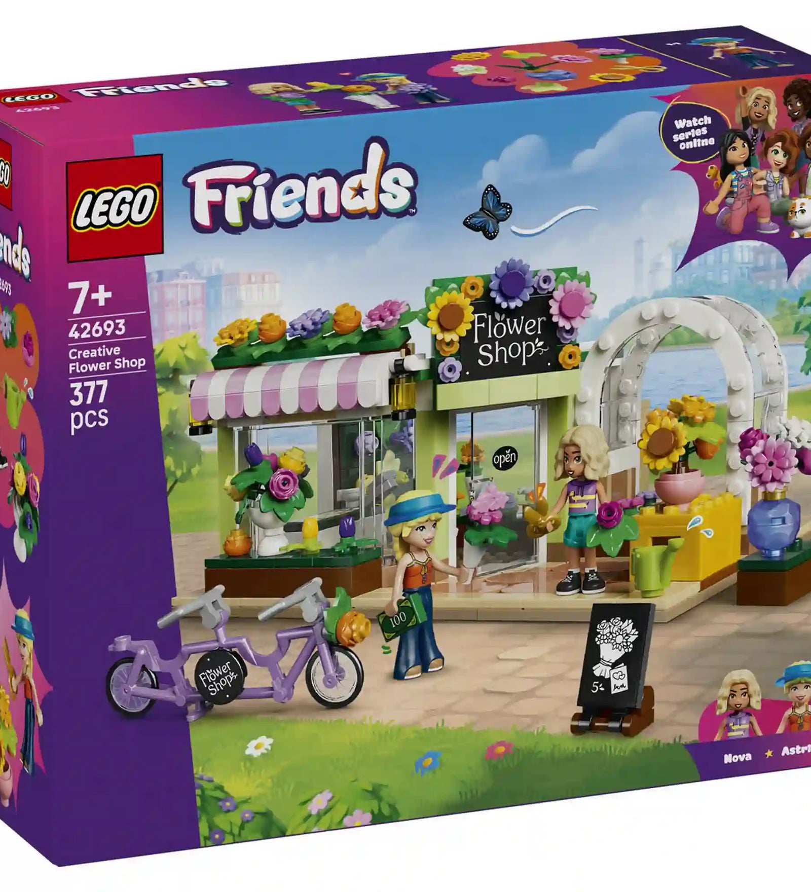 LEGO Friends Kreatív virágbolt 42693 készlet dobozképe színes virágüzlettel, kerékpárral és Heartlake City hangulattal.