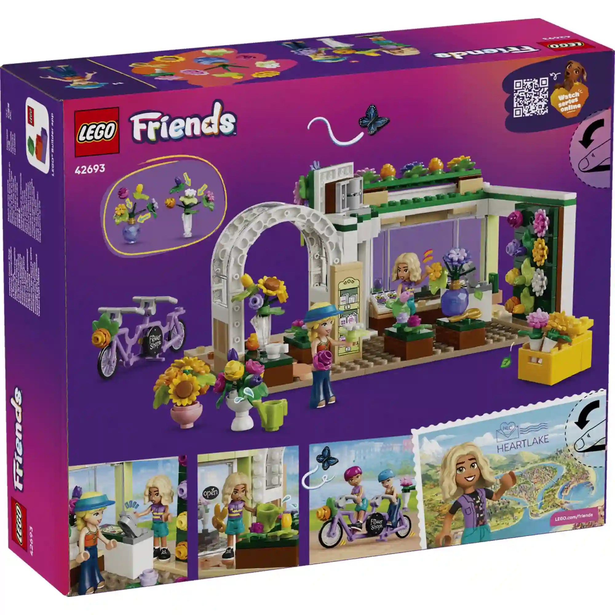 LEGO Friends Kreatív virágbolt 42693 készlet hátoldali dobozképe, amely bemutatja a virágbolt funkcióit, a tandemkerékpárt és a Nova, Astrid figurákat.