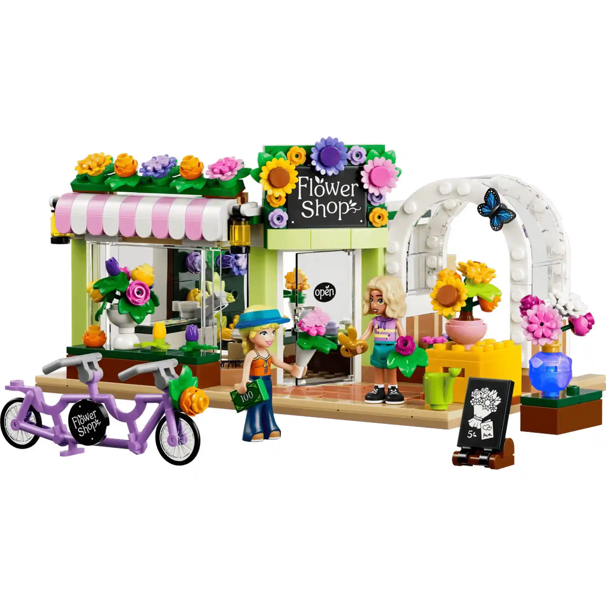 LEGO Friends Kreatív virágbolt építőkészlet virágokkal díszített üzletfronttal, tandemkerékpárral, Nova és Astrid figurákkal.
