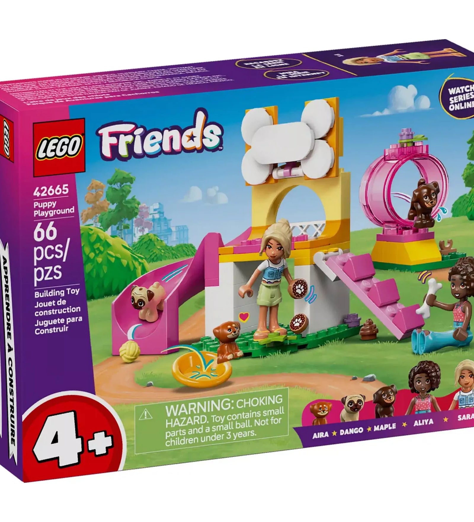 Dobozfotó a LEGO Friends Puppy Playground (42665) készletről, amelyen a játszótér rózsaszín csúszdával, kutyafuttatóval, valamint két minifigurával és három kiskutyával látható.
