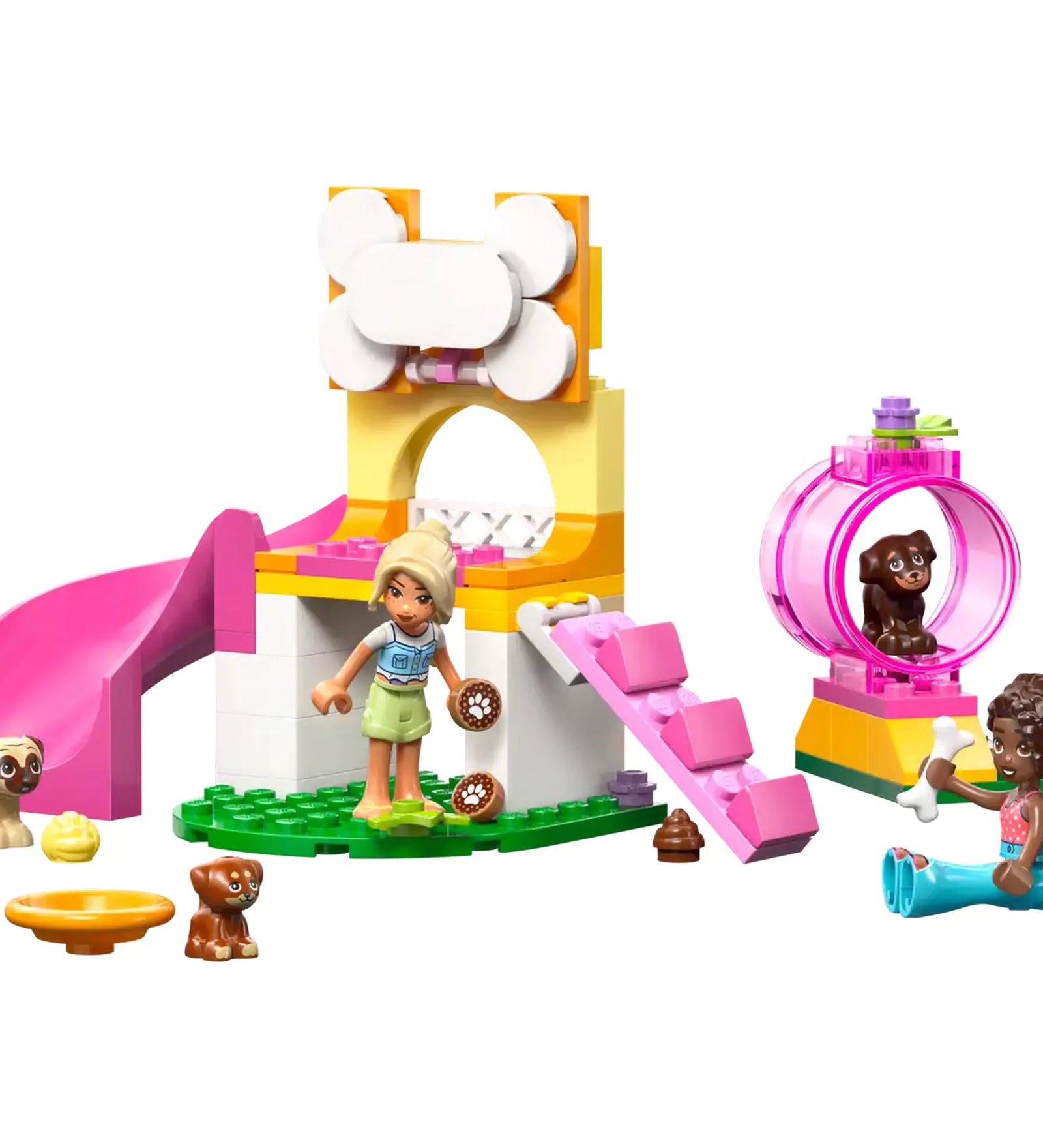 A LEGO Friends Puppy Playground (42665) készlet összerakott jelenete, amelyen a kutyás játszótér és a két figura különböző kiegészítőkkel szerepel.