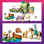 LEGO Friends Lószállító utánfutó és csikó (42695) teljes készlet bemutatóképe, terepjáró autóval, utánfutóval, lovakkal, csikóval, piknikező résszel és lóápolási kiegészítőkkel.