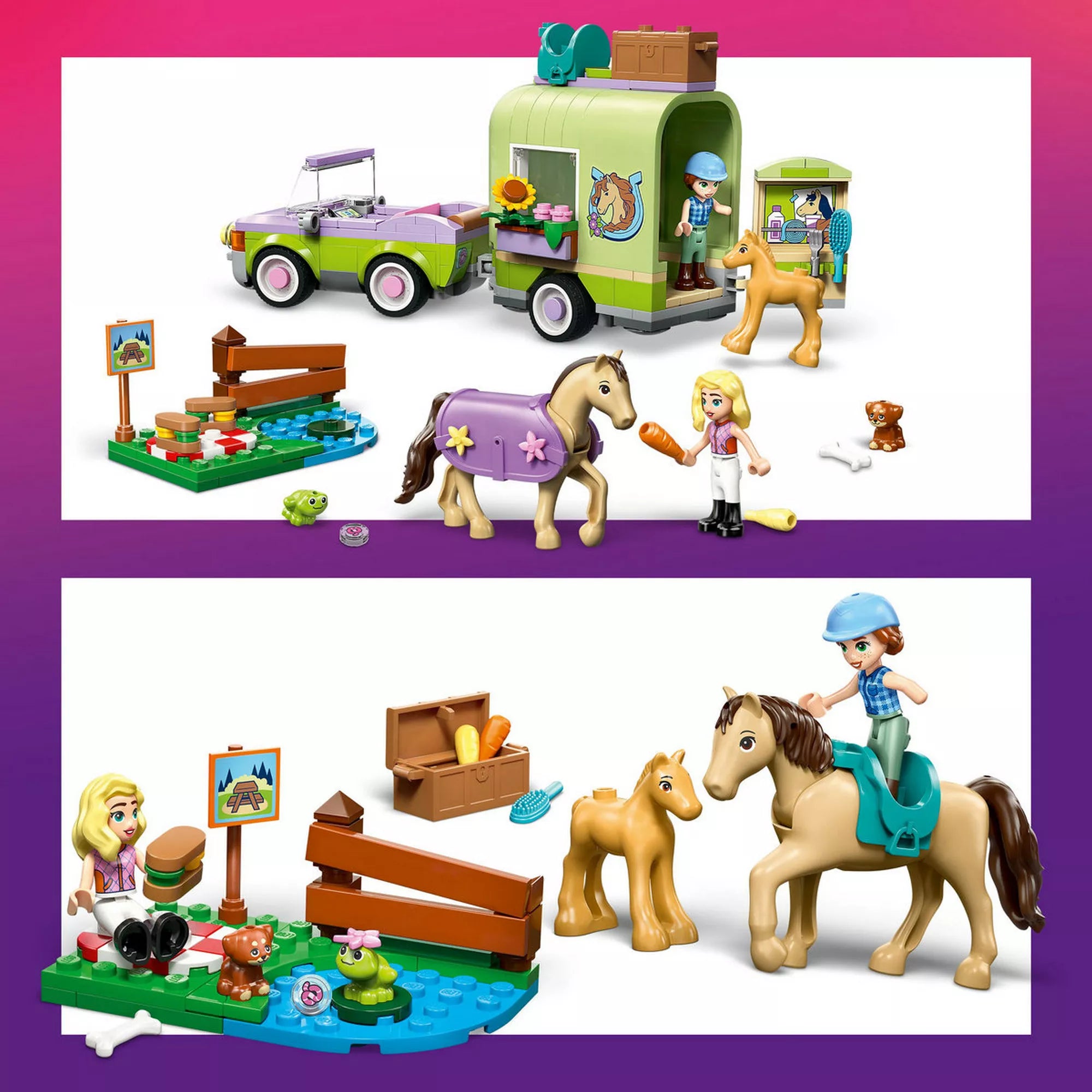LEGO Friends Lószállító utánfutó és csikó (42695) teljes készlet bemutatóképe, terepjáró autóval, utánfutóval, lovakkal, csikóval, piknikező résszel és lóápolási kiegészítőkkel.